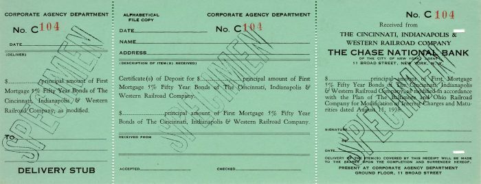 Chase National Bank Delivery Stub Specimen - 1938 dated Banking Specimen - Speci