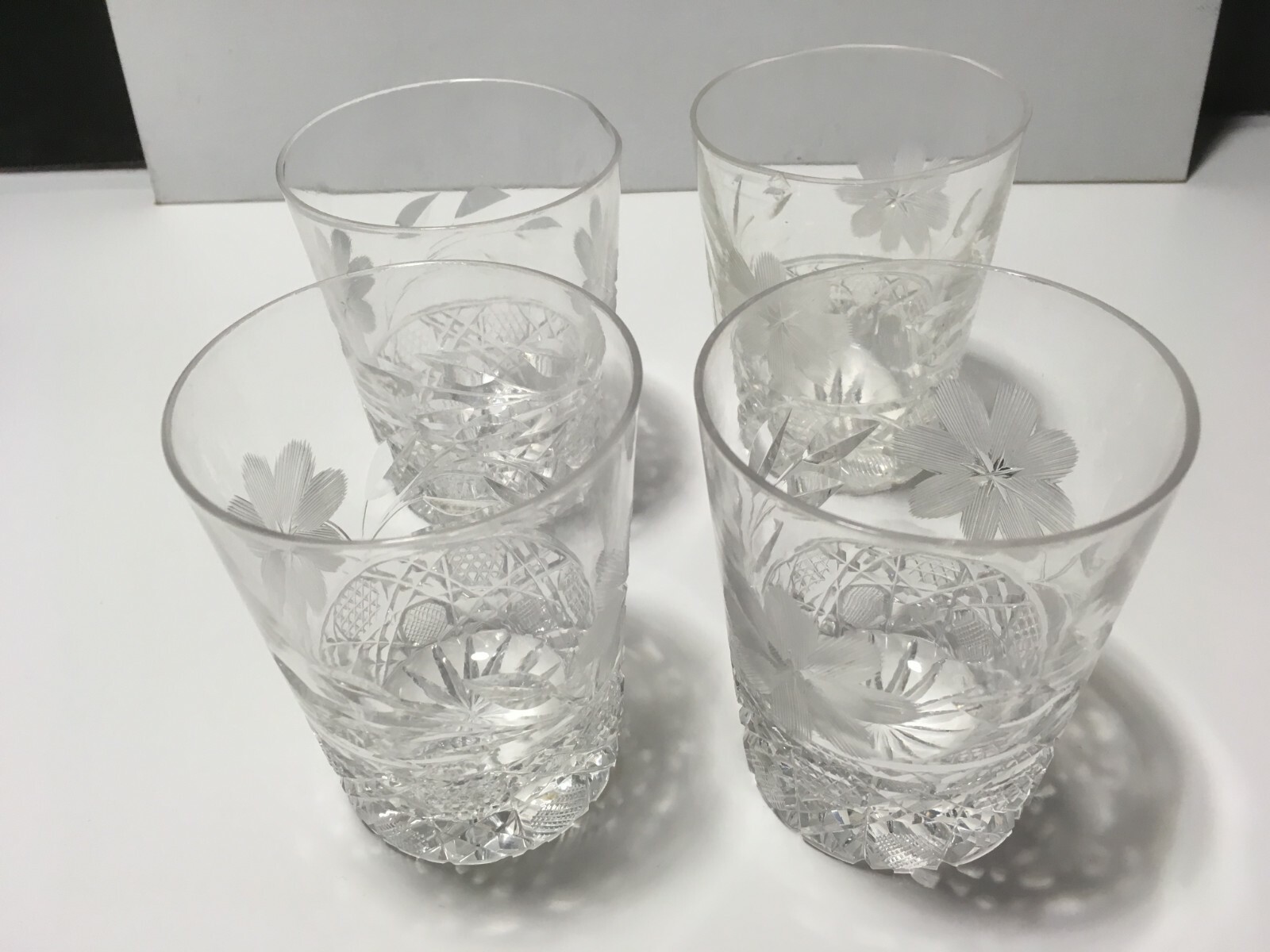 VTG Tumbler LOT OF 4 Double Old Fashioned Rocks Elegant 8 Petal Flower & Leaves 