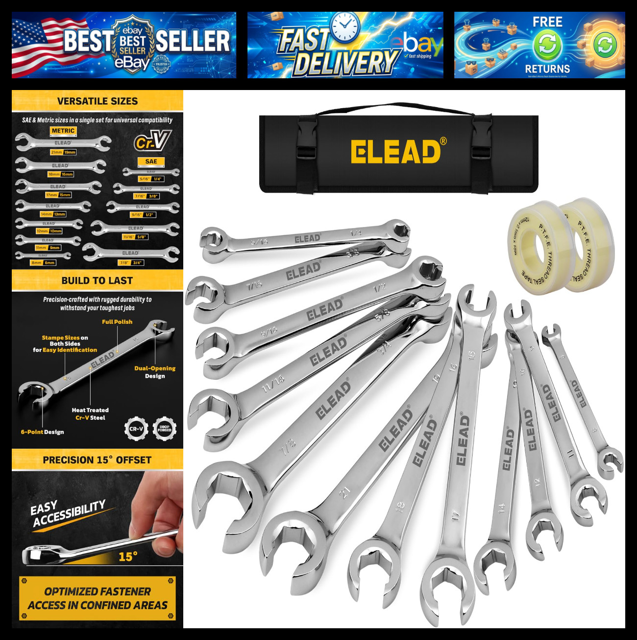 ELEAD 14-Piece Flare Nut Wrench Set with PTFE Tape, Metric & SAE 1/4