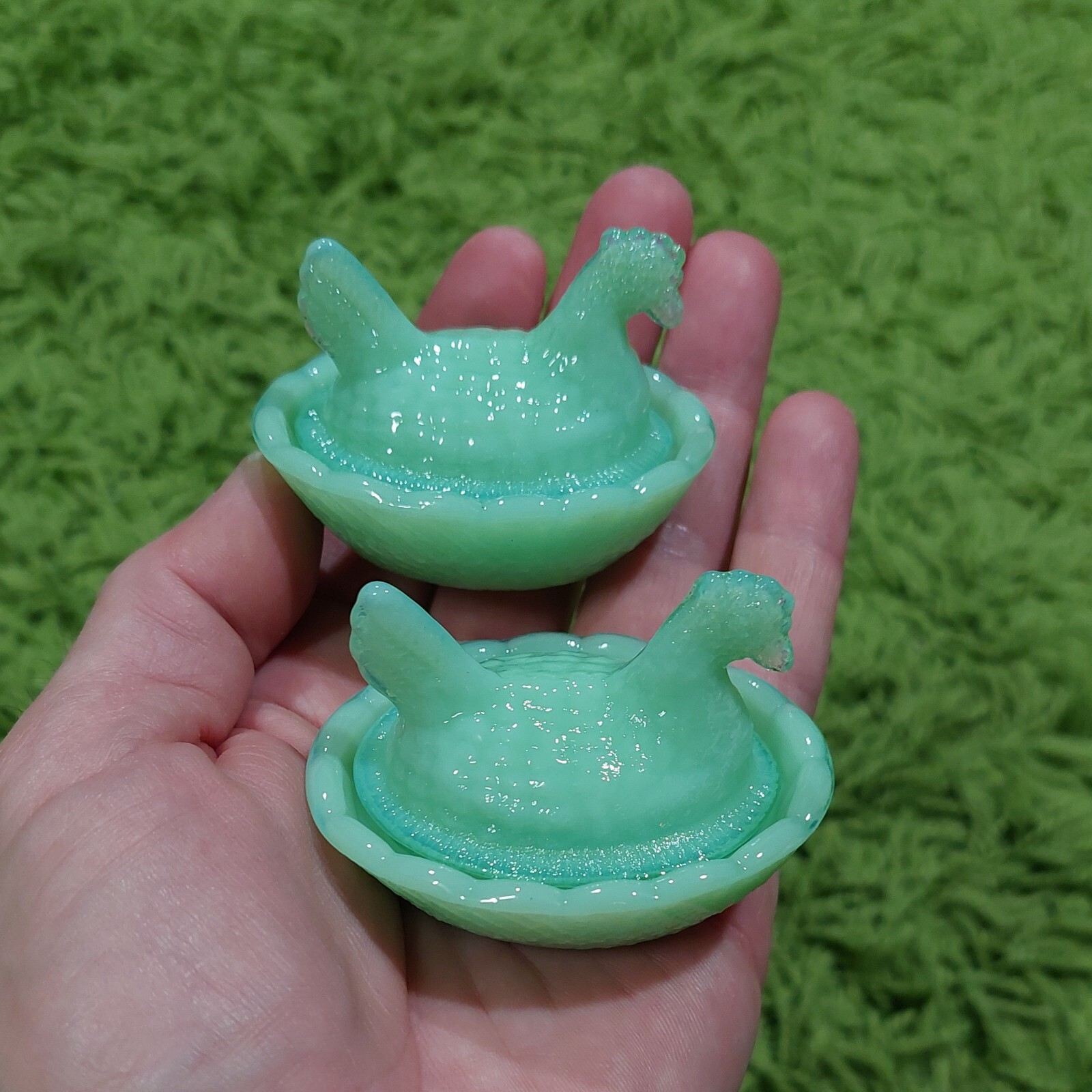 2 Mini Hen on Nest Chicken Salt Dish, Green Jadeite Depression Style Glass