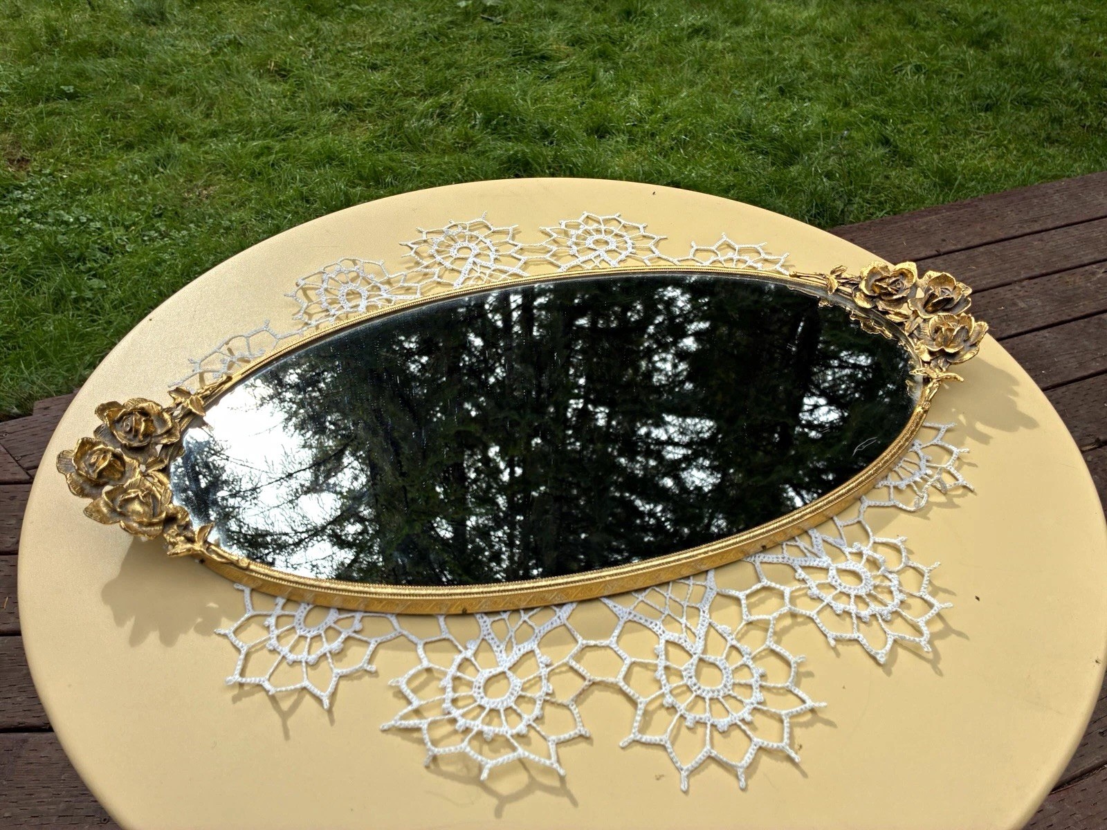 Vintage Ornate Brass Rose Oval Mirrored Dresser Vanity Tray, Large Mid-Century