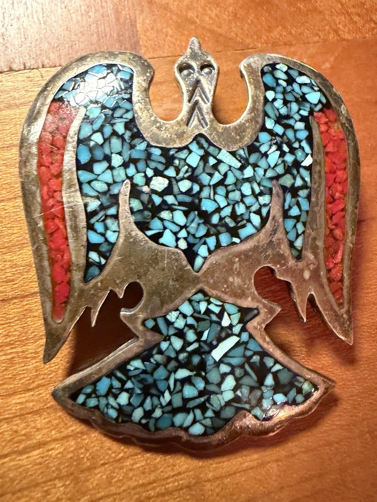 VINTAGE NATIVE AMERICAN NAVAJO TURQUOISE CORAL BIRD STERLING SILVER PENDANT