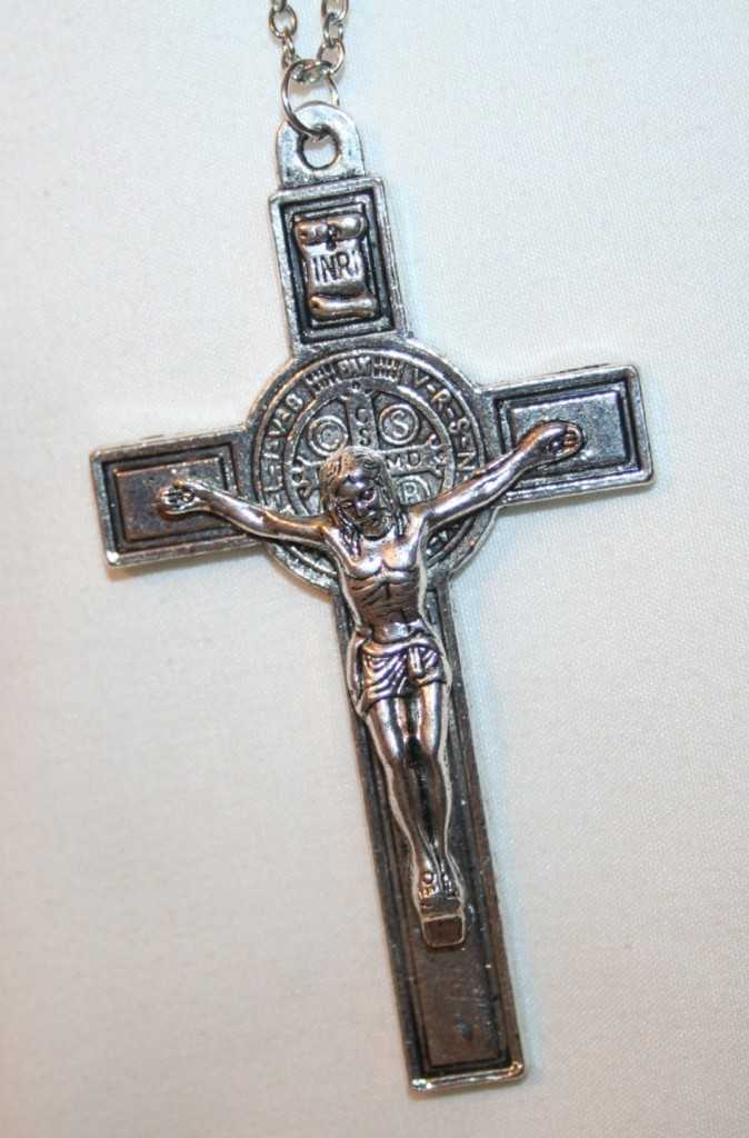 Large Lined Beveled Silvertone St Benedict Crucifix Cross Necklace