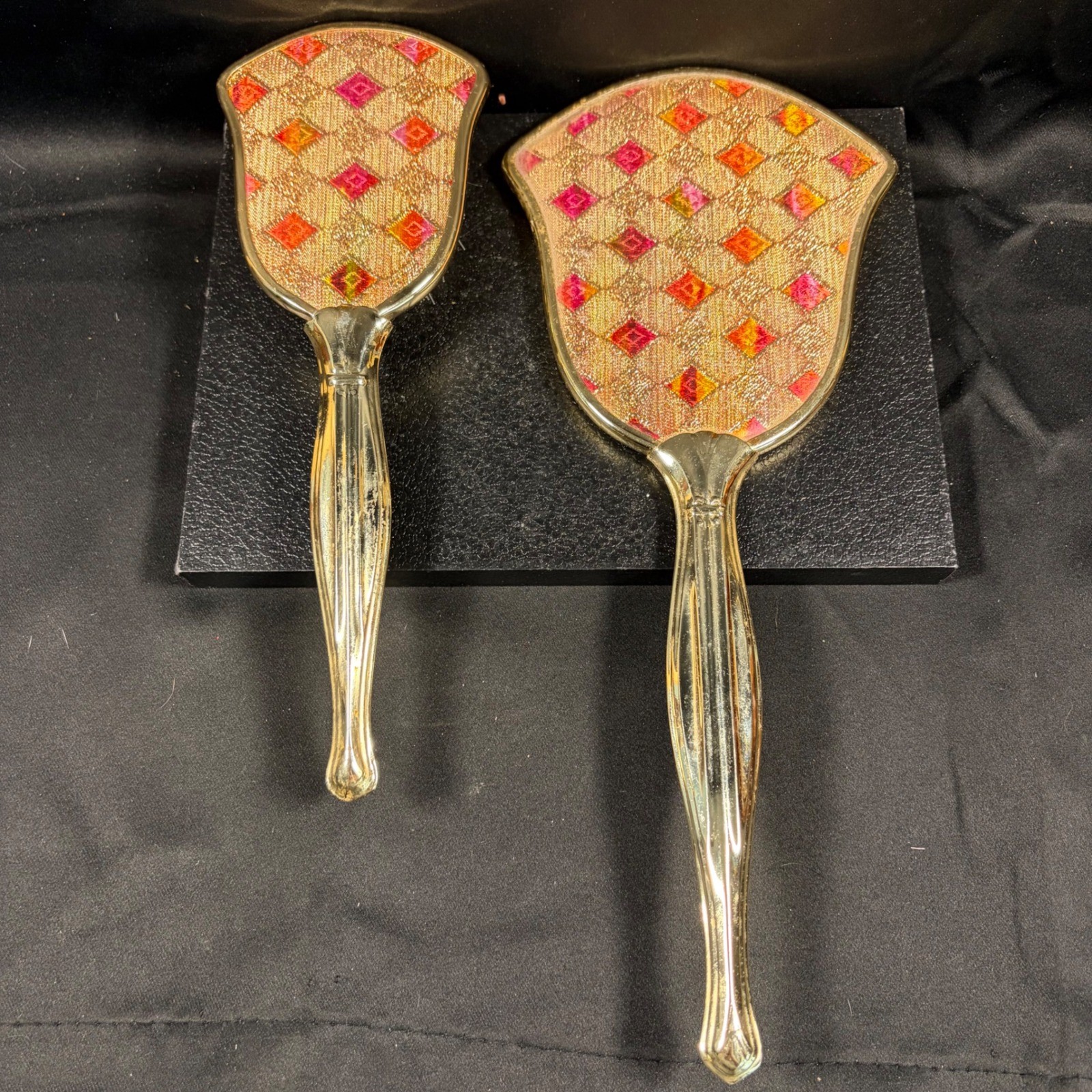 Vintage Vanity Set Hand Mirror & Brush Gold Tone Embroidered Pink Orange Diamond