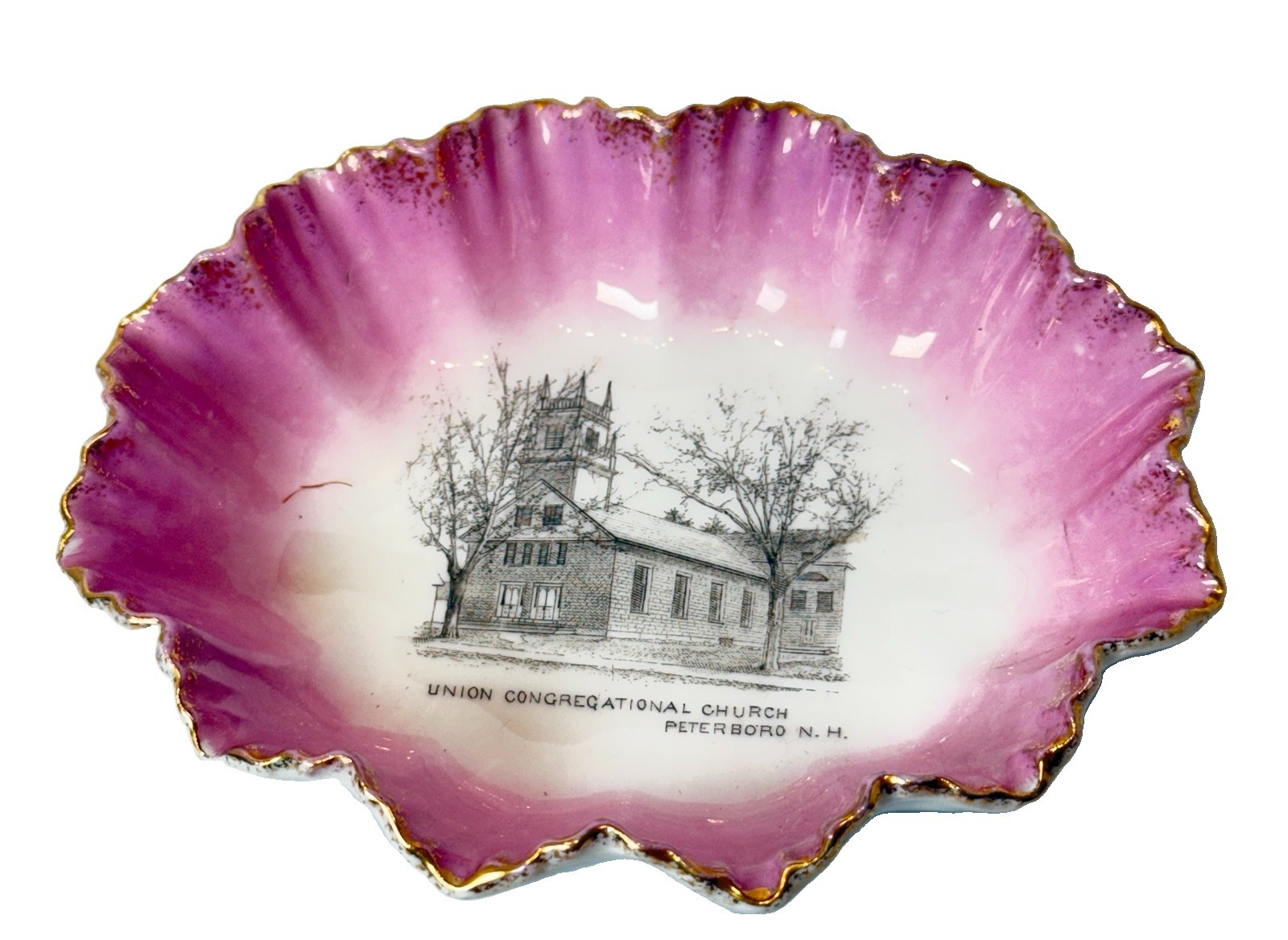 PETERBORO NH NEW HAMPSHIRE ANTIQUE Souvenir UNION CHURCH Porcelain TRINKET DISH