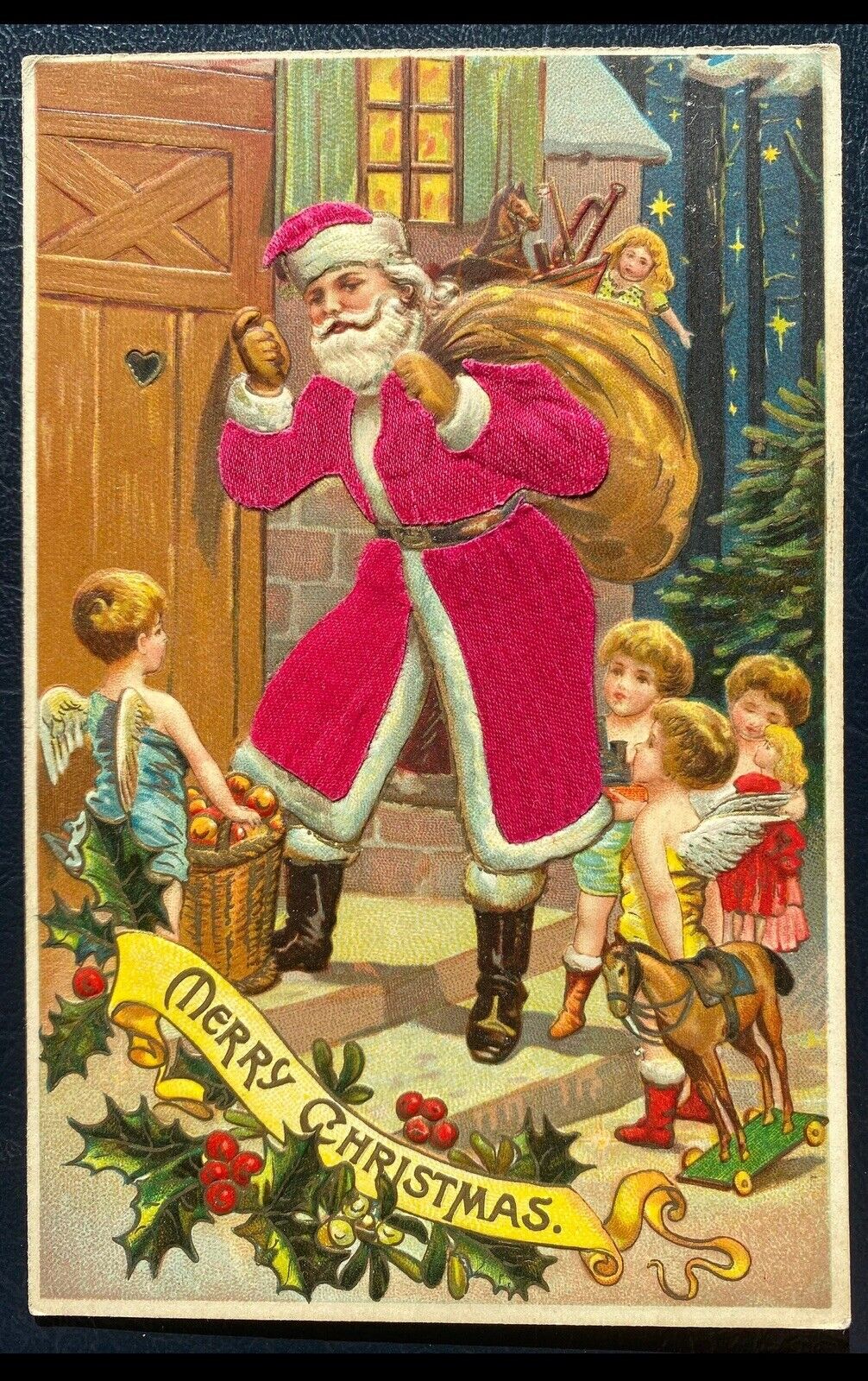 Silk Santa Claus with Angels~Cherubs~Toys~Antique 1910 Christmas Postcard~k251