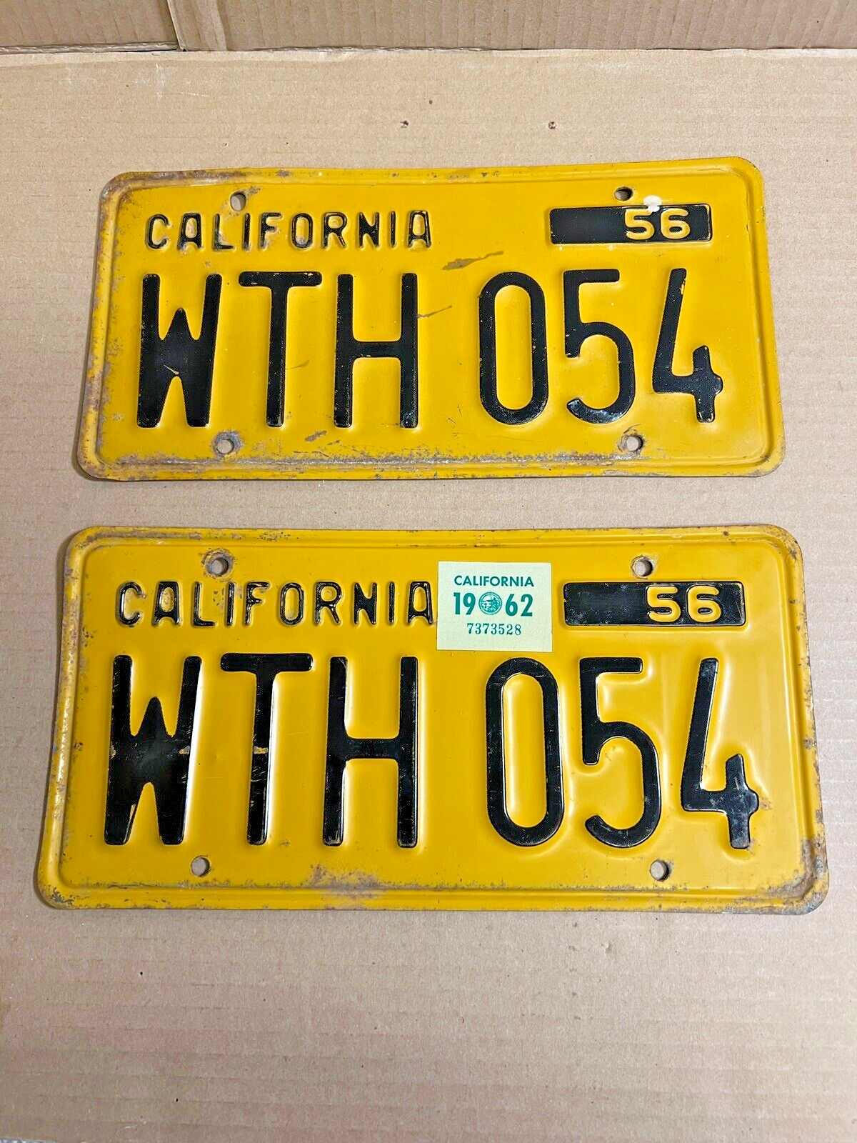 1956 California License Plate PAIR # WTH 054 DMV CLEAR EXPIRED