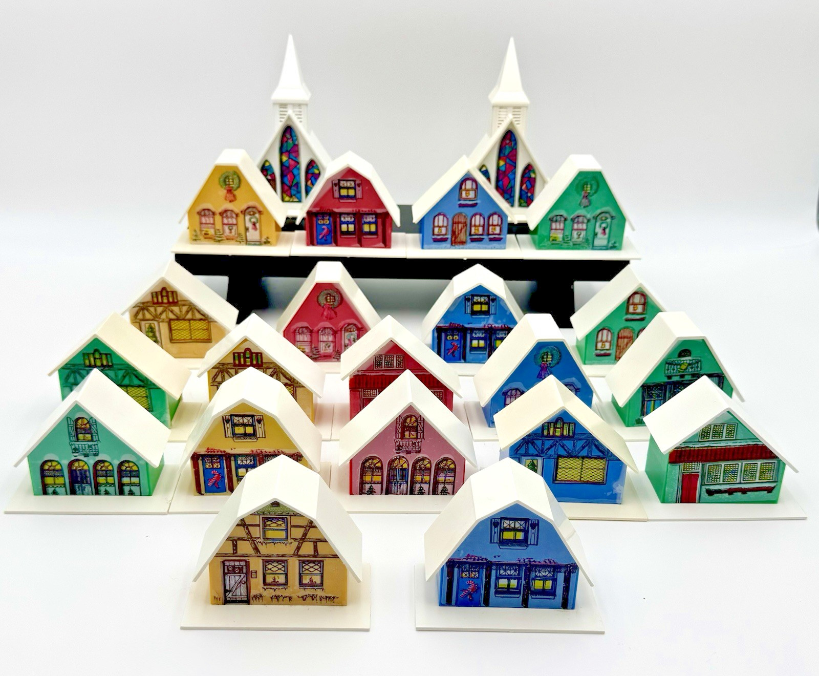 Vintage Alpine Village Christmas Light Covers 22 Pc MCM Putz Style Houses Church