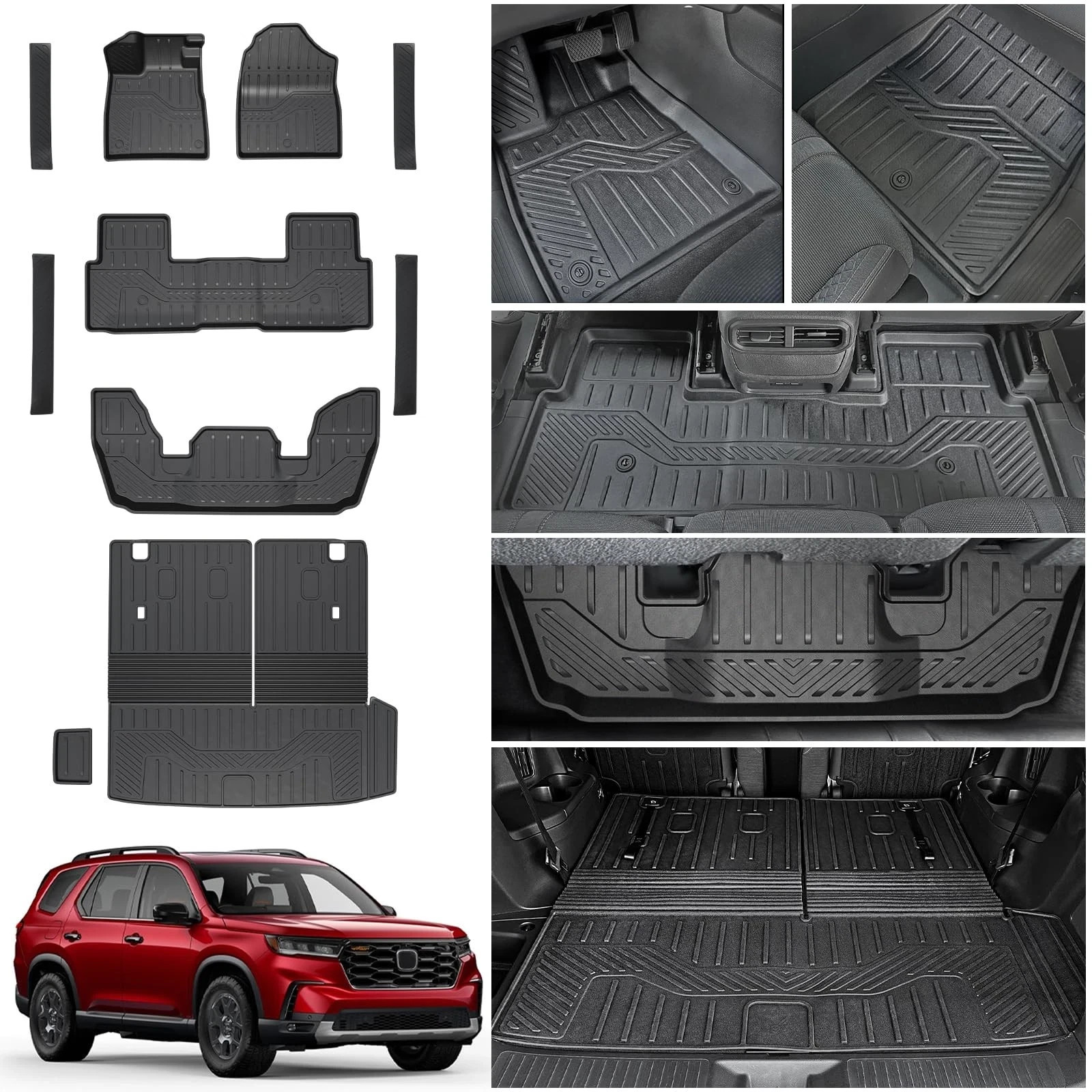 Floor Mats Cargo Liner Set for 2023-2026 Honda Pilot TPE All Weather Black