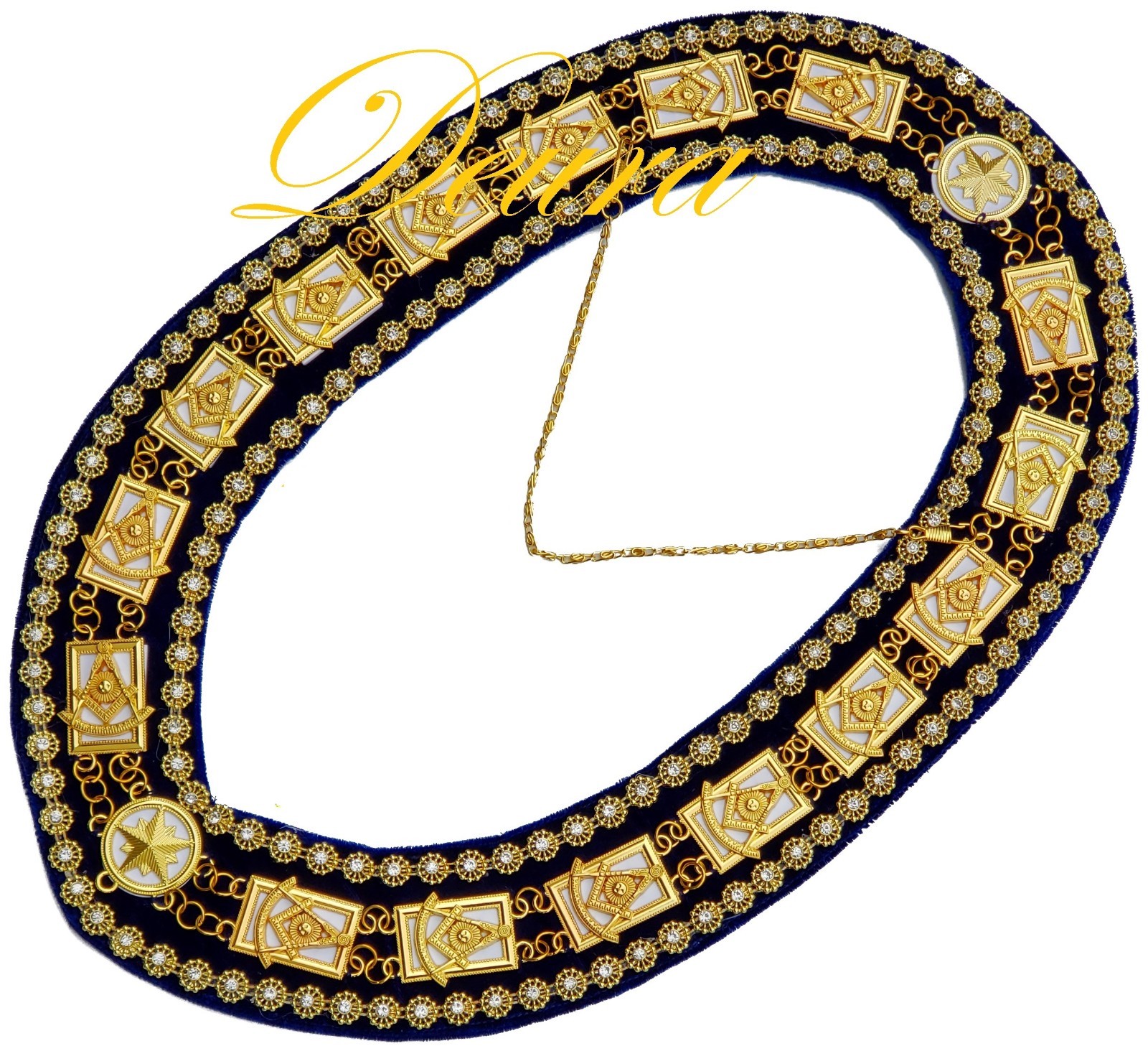 Masonic Regalia PAST MASTER RHINESTONE WHITE BLUE BACK GOLD Collar DMR-200GBWRS