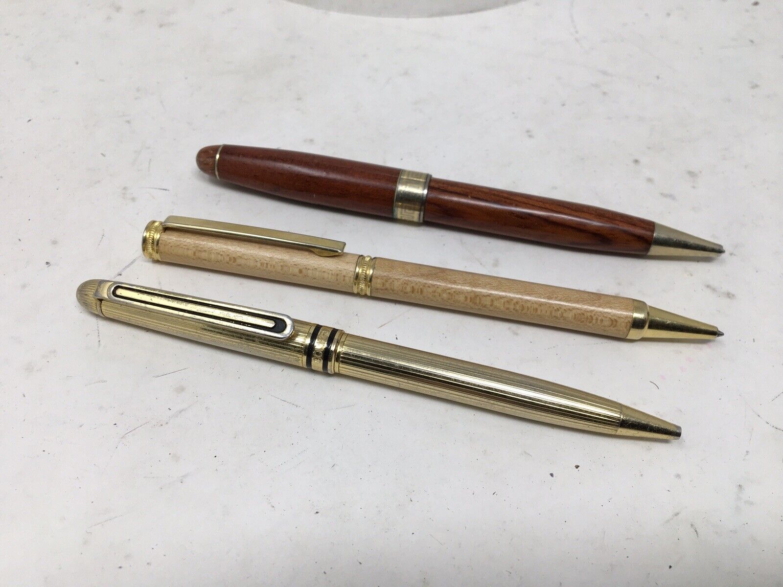 3 Vtg Ballpoint Pens Gold Colibri Japan  + 2 Turned Wood One Marked GM Fleet Com