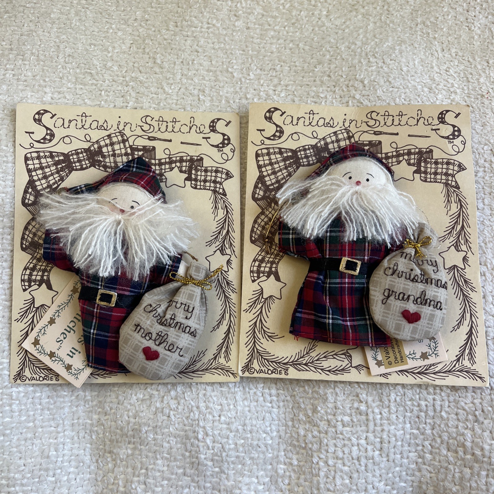 Vtg Valories Santa in Stitches Christmas Ornaments Pair Mother Grandma Gift