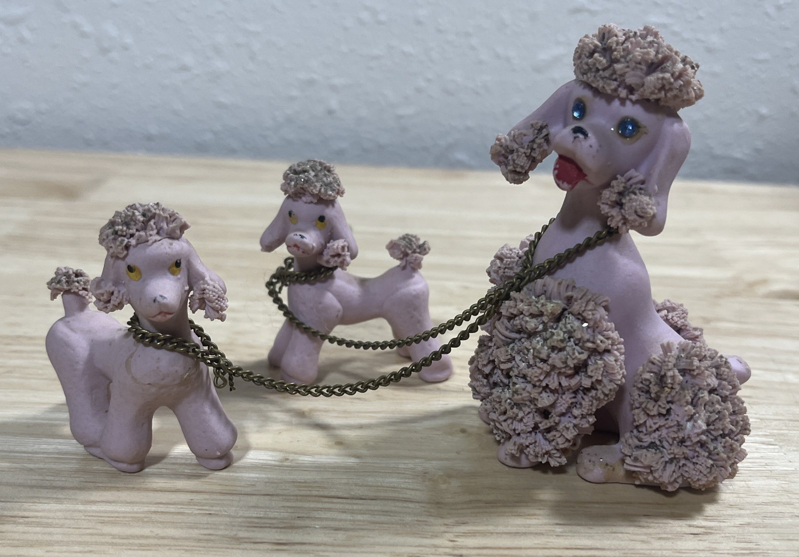 Vintage Pink Spaghetti Poodle Dog - Mother & 2 Pups On Chain - Rhinestone Eyes