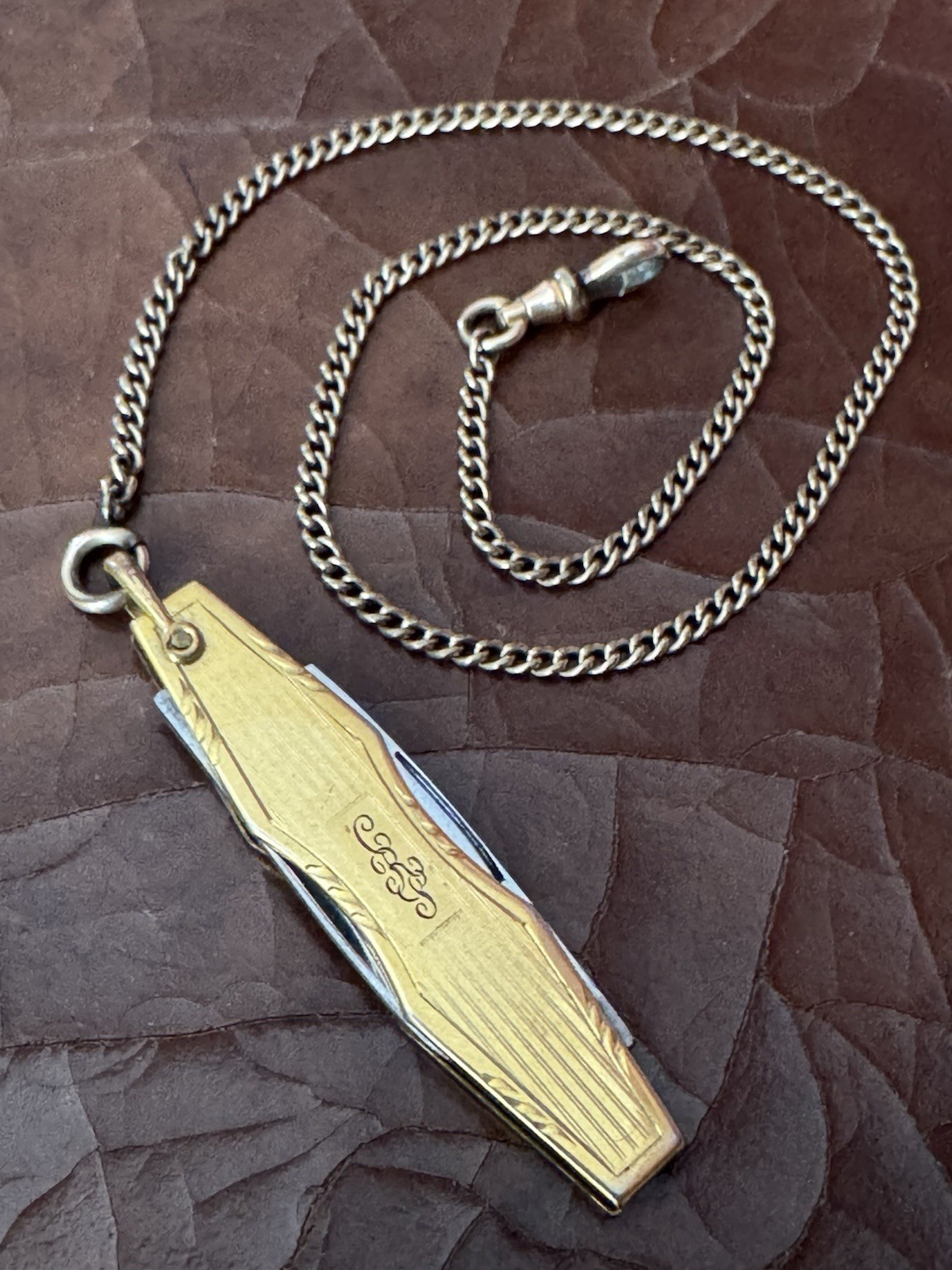 Edwardian Era Pocket Knife On Chain Gold Filled Engraved Two Blades
