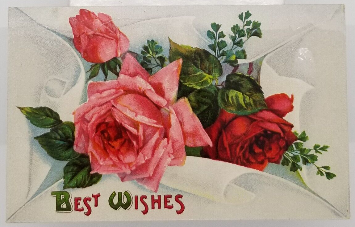 BEST WISHES Pink Red Roses Flowers Germany c1912 Antique Postcard