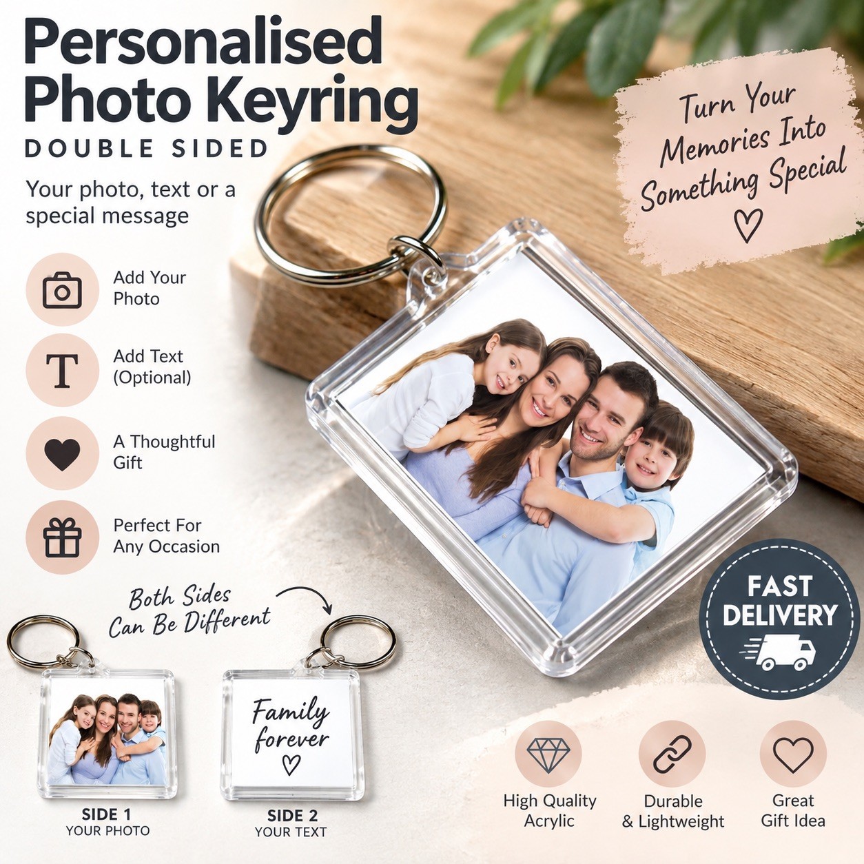 Personalised Photo Keyring Custom Image Text Double Sided Acrylic Gift