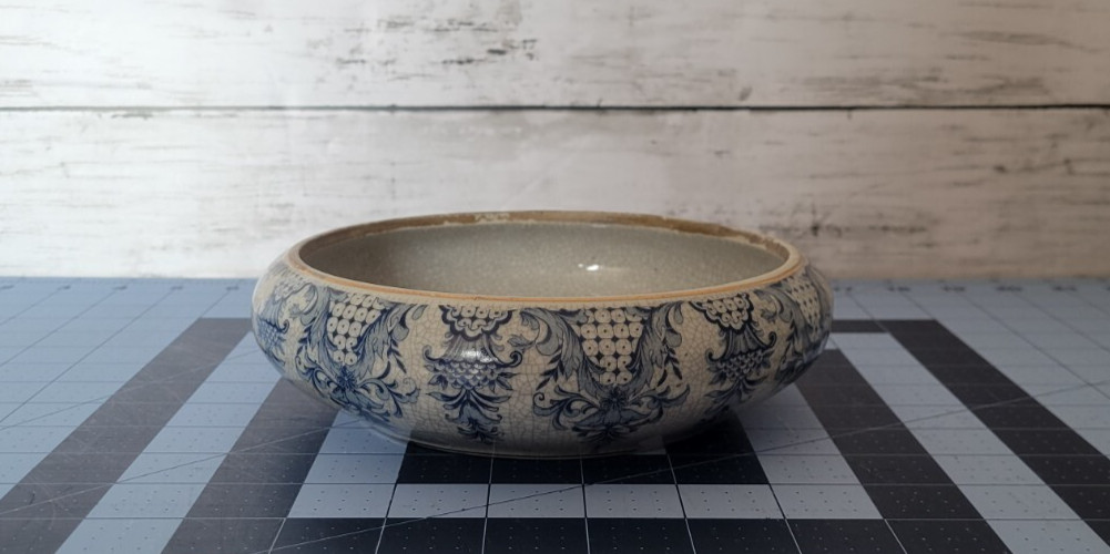 VINTAGE Antique Blue with Gold Scroll and Floral Design - Round Raised Bowl