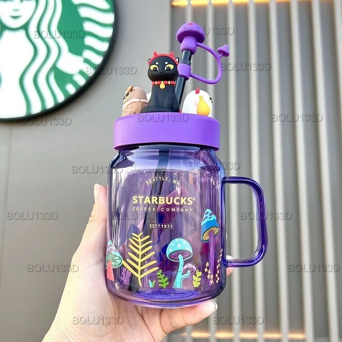 Starbucks China 2021 Halloween Night Elf Purple 18oz Glass Mason Straw Cup New