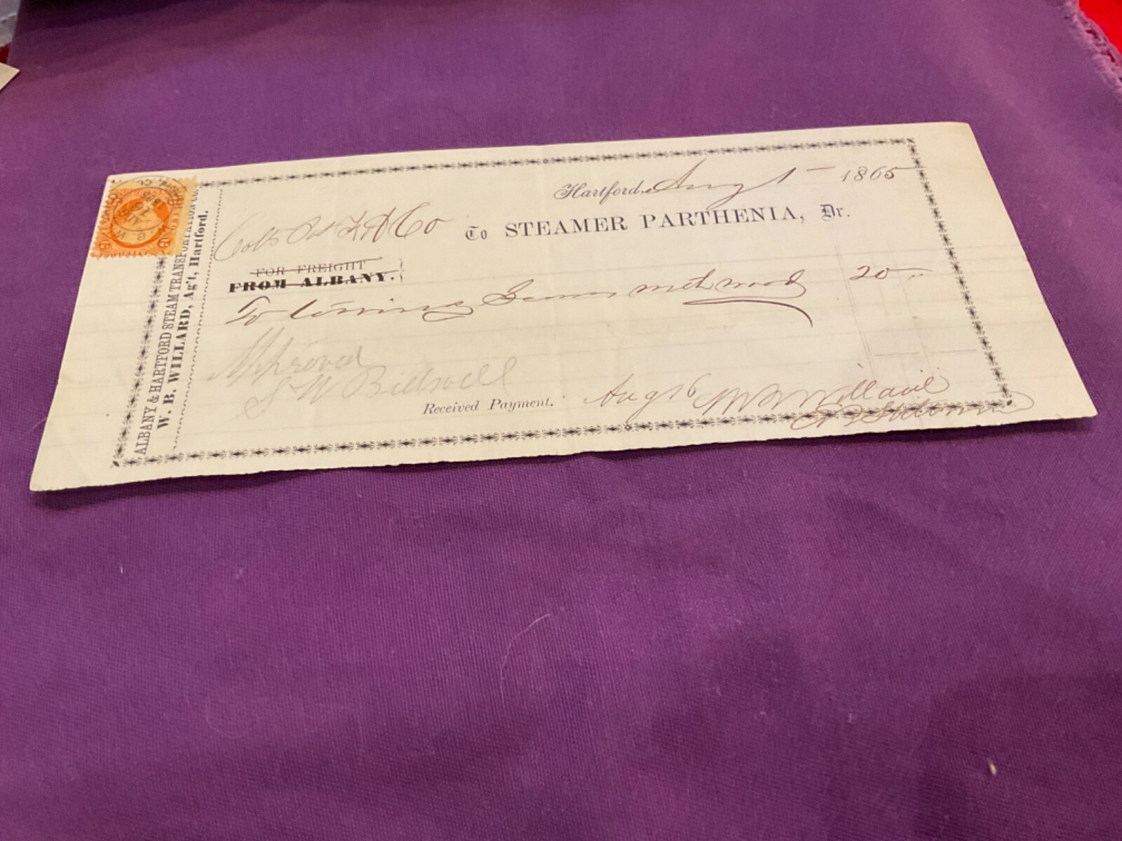 CIVIL WAR COLT FIREARMS MACHINERY HARTFORD CONNECTICUT RECEIPTED 1865 TAX STAMP