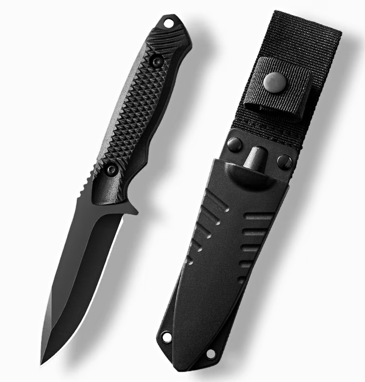 Black Stainless Steel Clip Point Fixed Blade Knife w/ Sheath, Full Tang