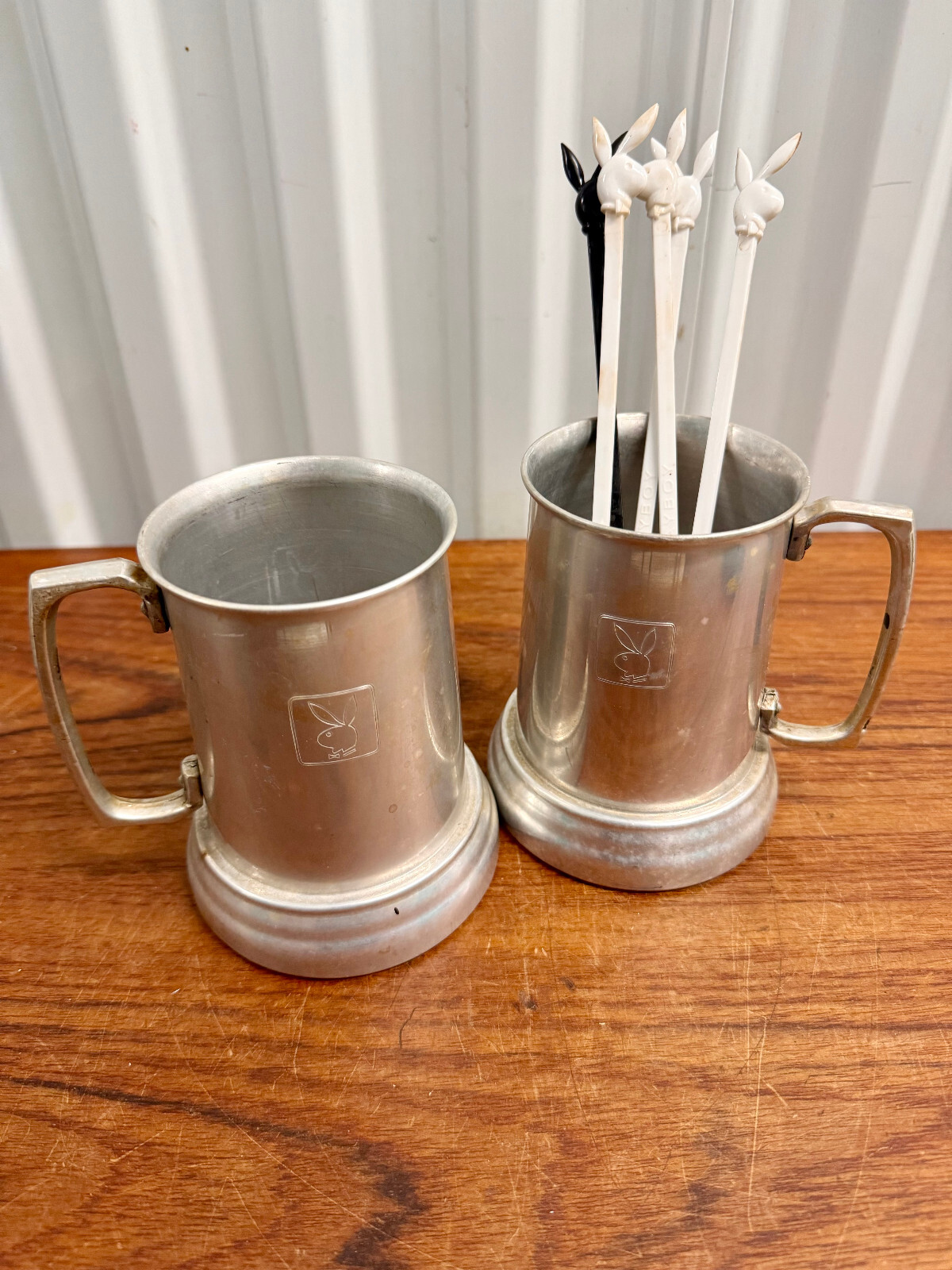 Two Vintage Mid Century Playboy Chrome Beer Mugs Cocktail Swizzle Sticks