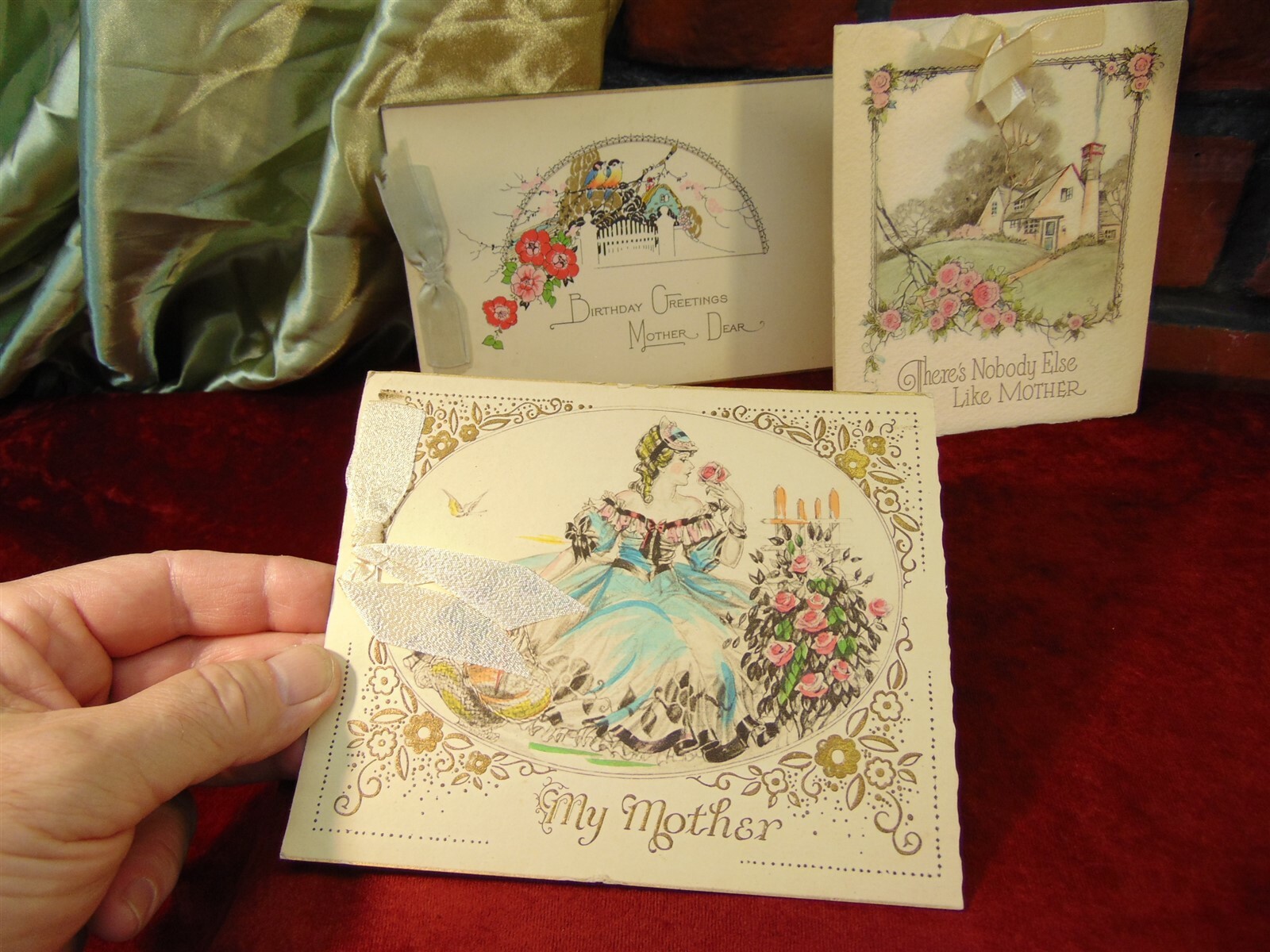 3 Vintage 1930\'s FANCY MOTHER\'S DAY GREETING CARDS with Ribbon 1931, 1932 