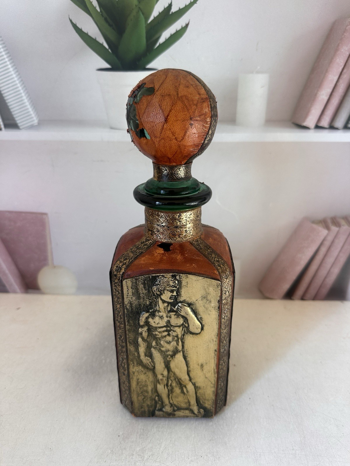 Vitg. Hand Tooled Italian Leather Wrapped Roman Statues Decanter Bottle Gorgeous
