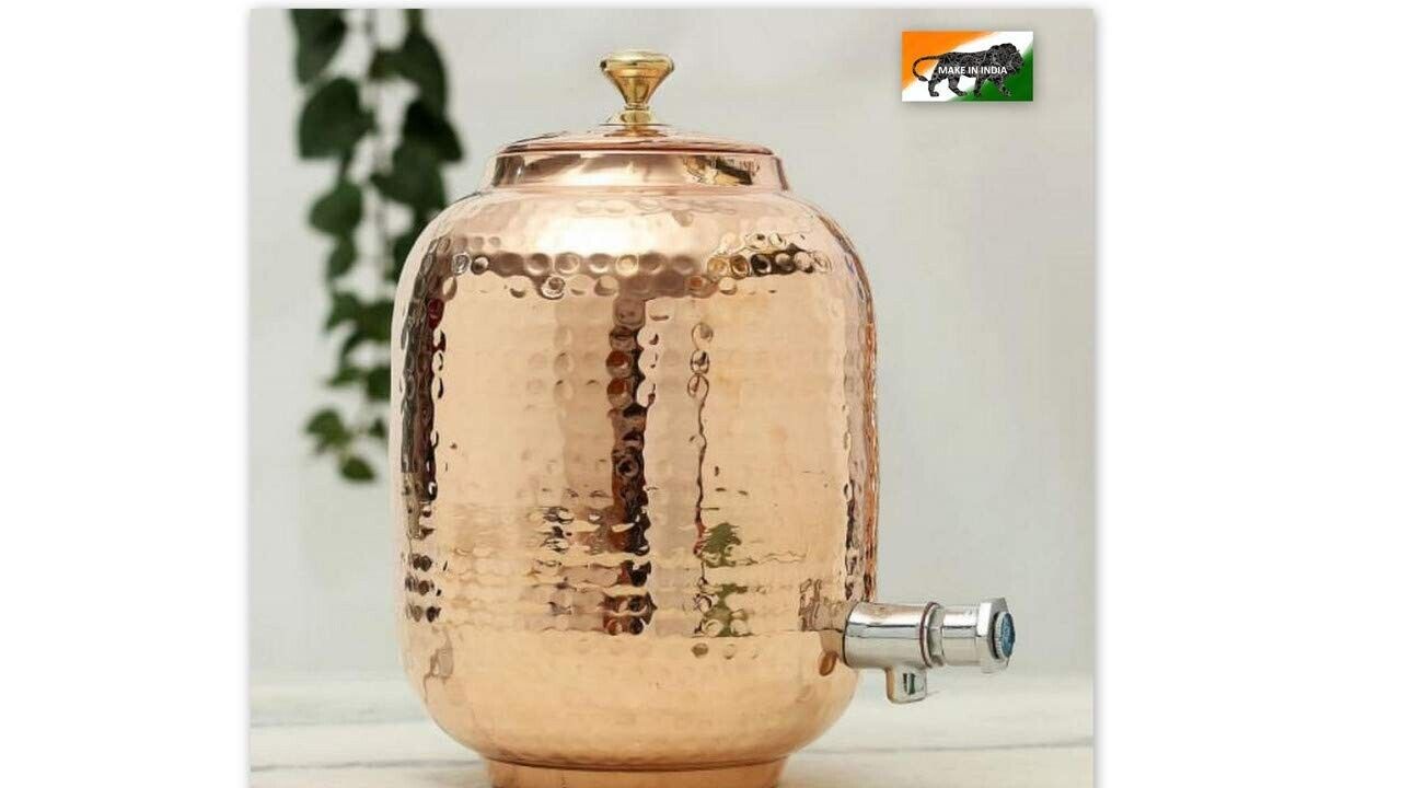Hammered Pure Copper Water Dispenser 5 Litre Matka/Pot Container Pot Aayurveda