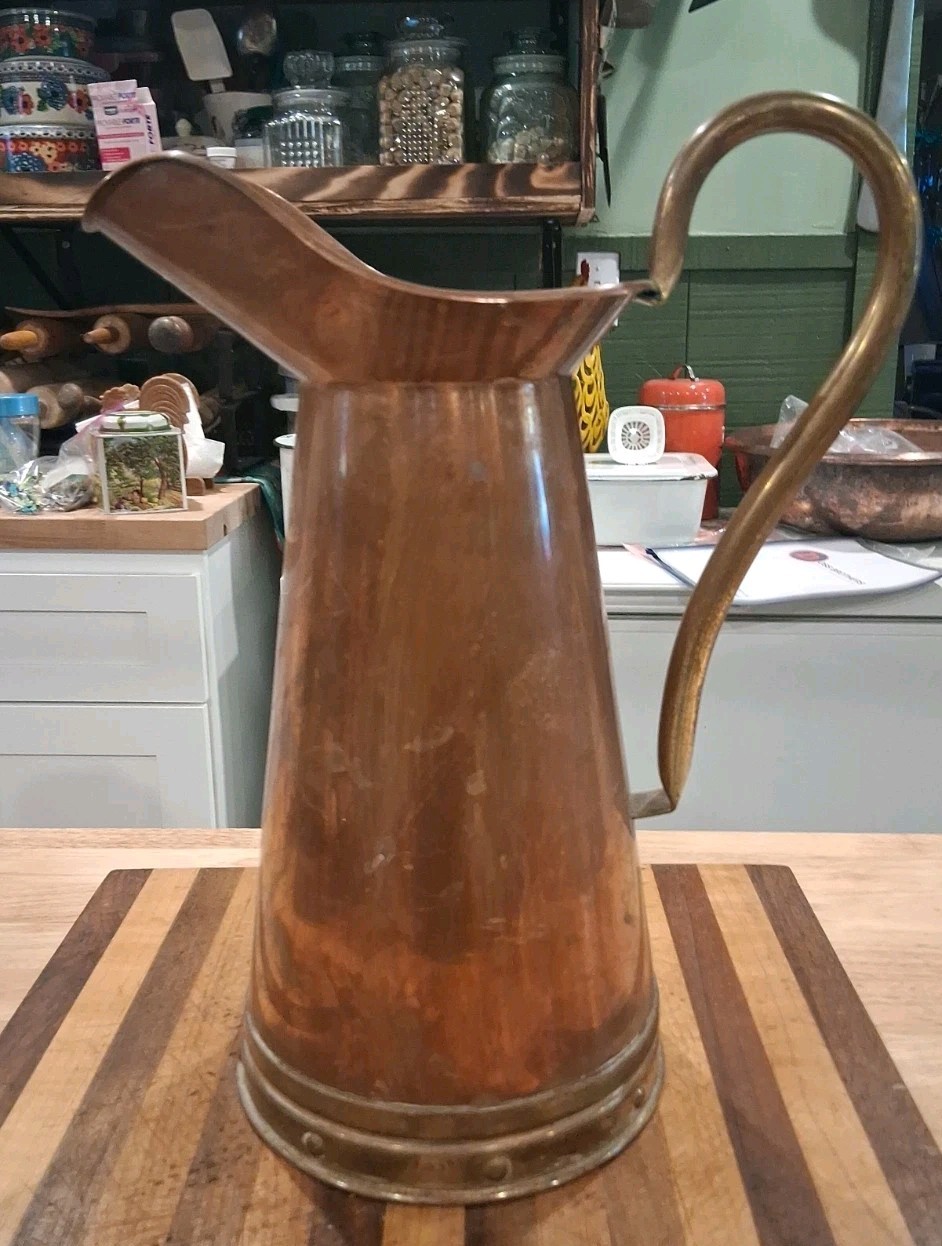 Vintage Copper Brass Banded Pitcher Tall 12” Tagus R-62