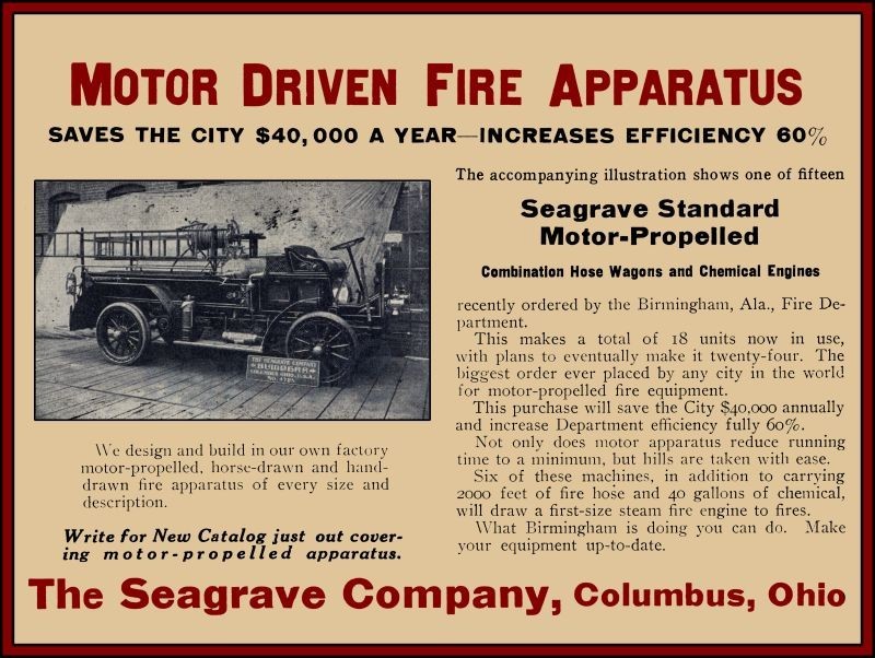 1911 Seagrave Fire Trucks of Columbus, OhiO Birmingham FD NEW METAL SIGN: 12x16