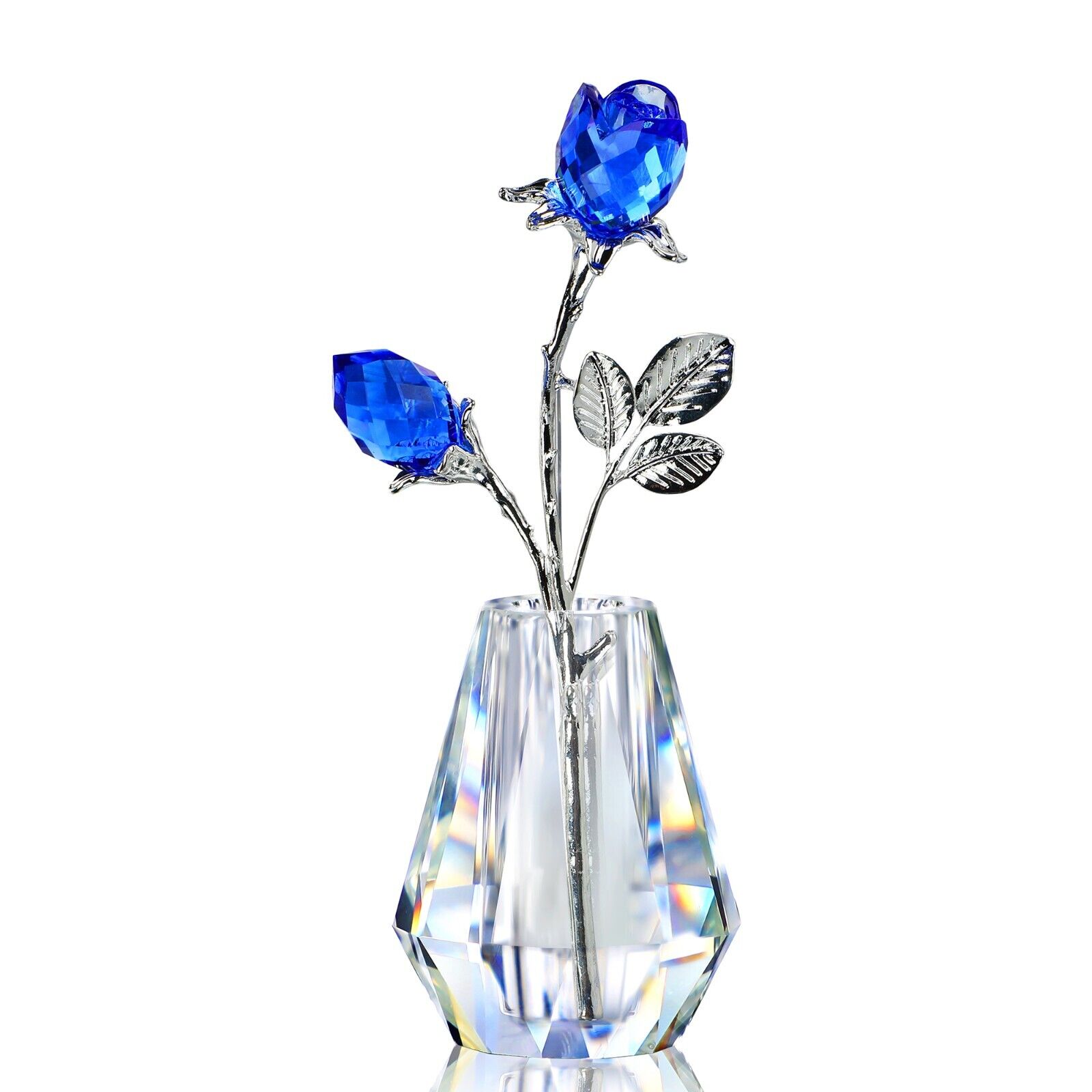 Blue Crystals Roses in Vase with Sliver Metal Stem Glass Figurine Ornament