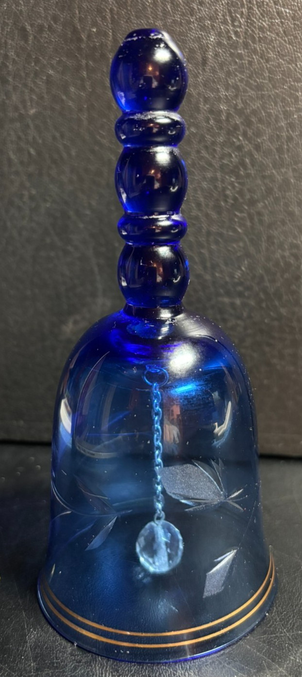 Vintage Bohemian Cobalt Blue Glass Bell Gold Trim Etched 6x3\