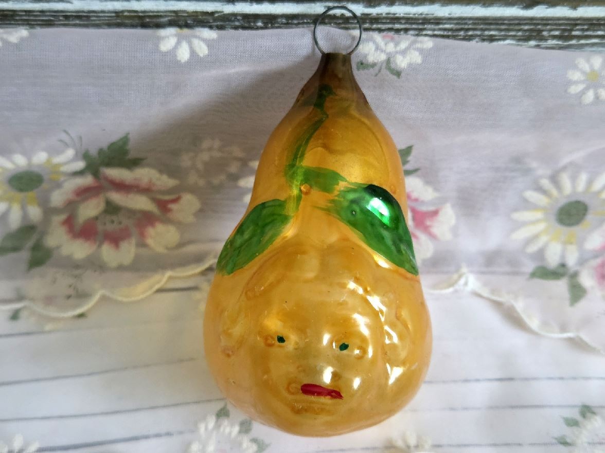 Vintage Unsilvered Figural Fruit Pear Face Girl, Pear Shaped Christmas Ornament