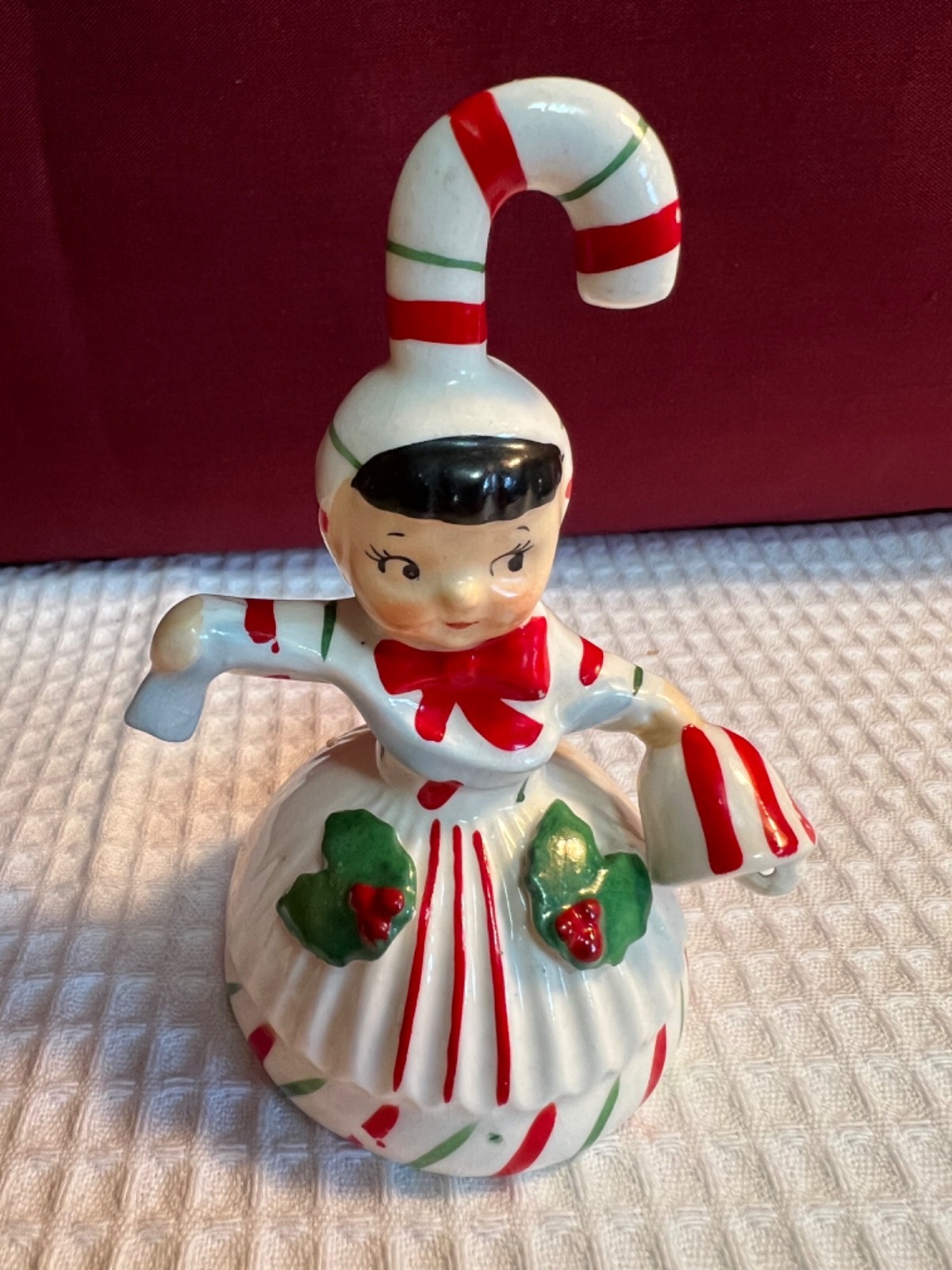 Vtg Lefton Candy Cane Red Stripe Bell Girl Signed Strickered Rare See Desc.
