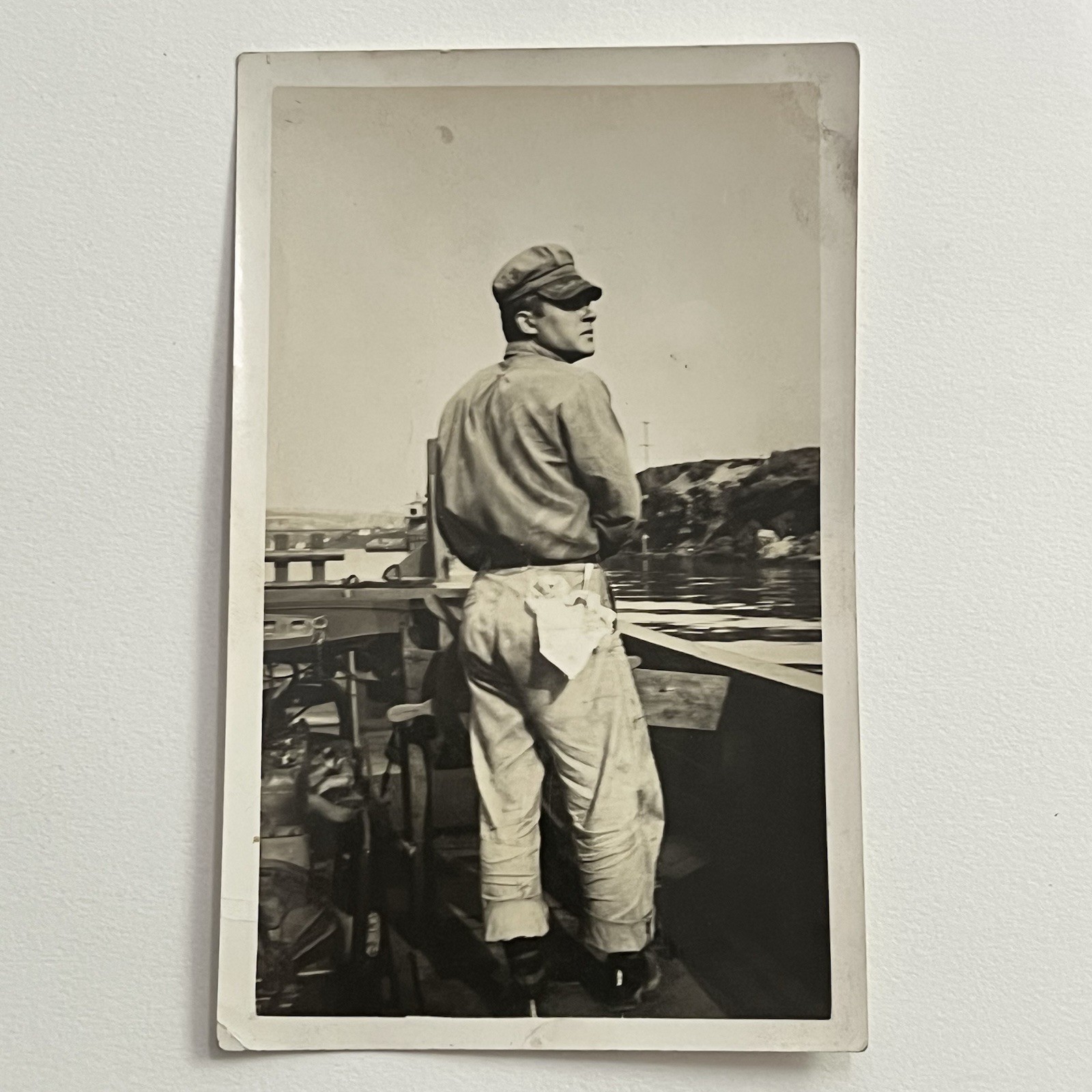 Vintage Snapshot Photograph Handsome Working Man Boat Great Hat