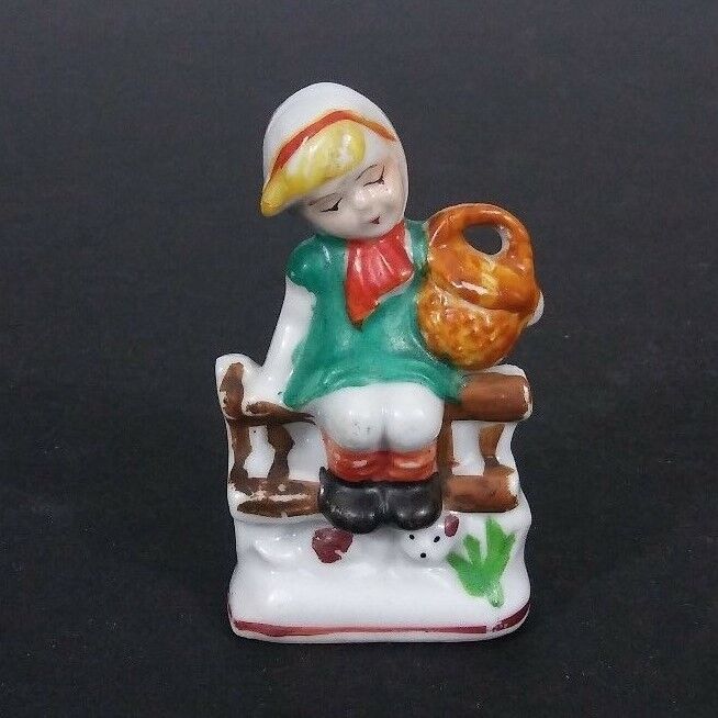 Vintage Girl With Basket On Fence Figurine Hand Painted Ceramic Occupied Japan