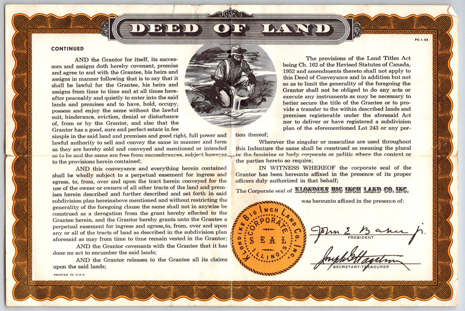 KLONDIKE Big Inch Land Deed of Land Alaska Yukon Territory 1995 Title ONE SQ FT