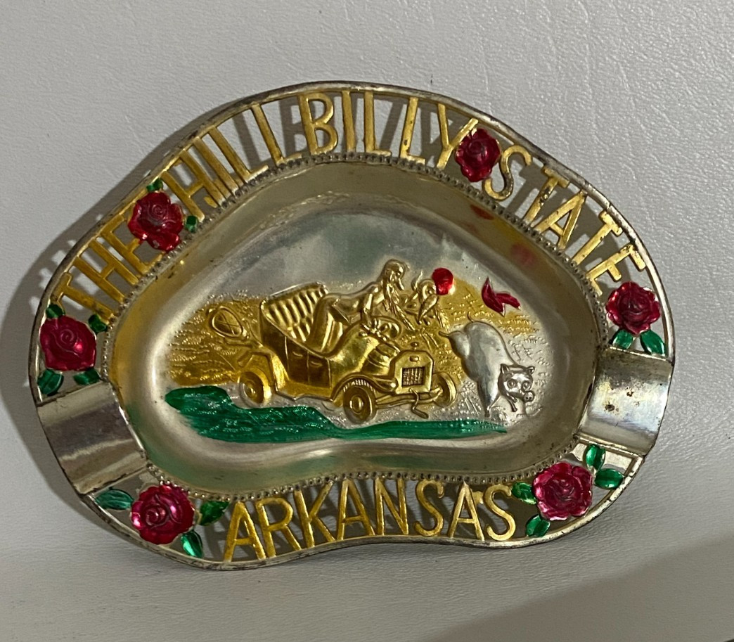 Vtg 1950's Tin Trinket Dish Souvenir State Ashtray - HILLBILLY STATE - ARKANSAS