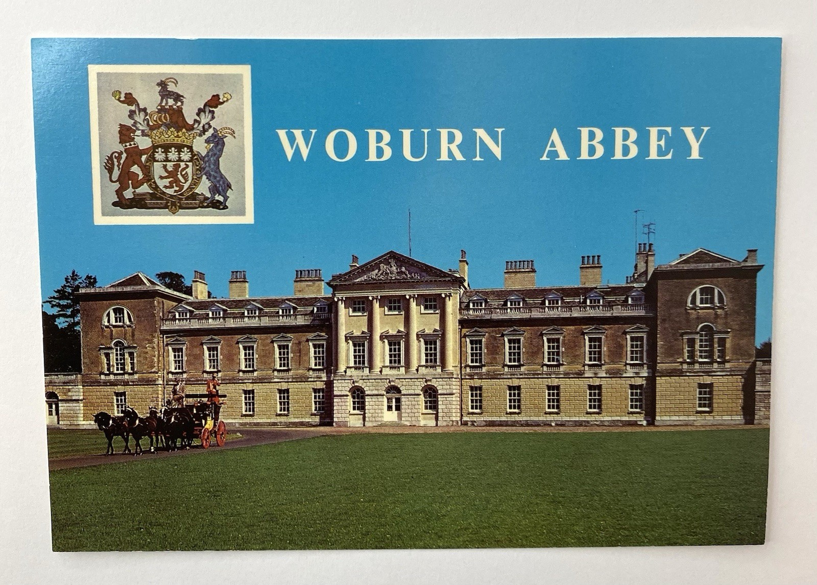 Vtg Woburn Abbey England Postcard Duke of Bedford Estate Coat of Arms Carriage