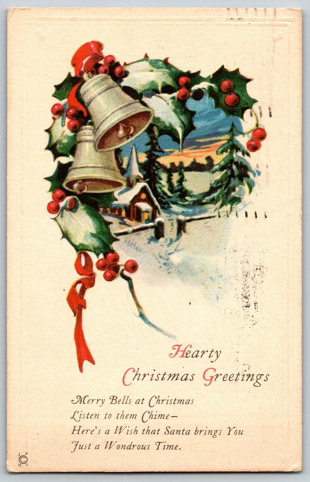Hearty Christmas Greetings, Merry Bells at Christmas - Vintage Postcard Posted