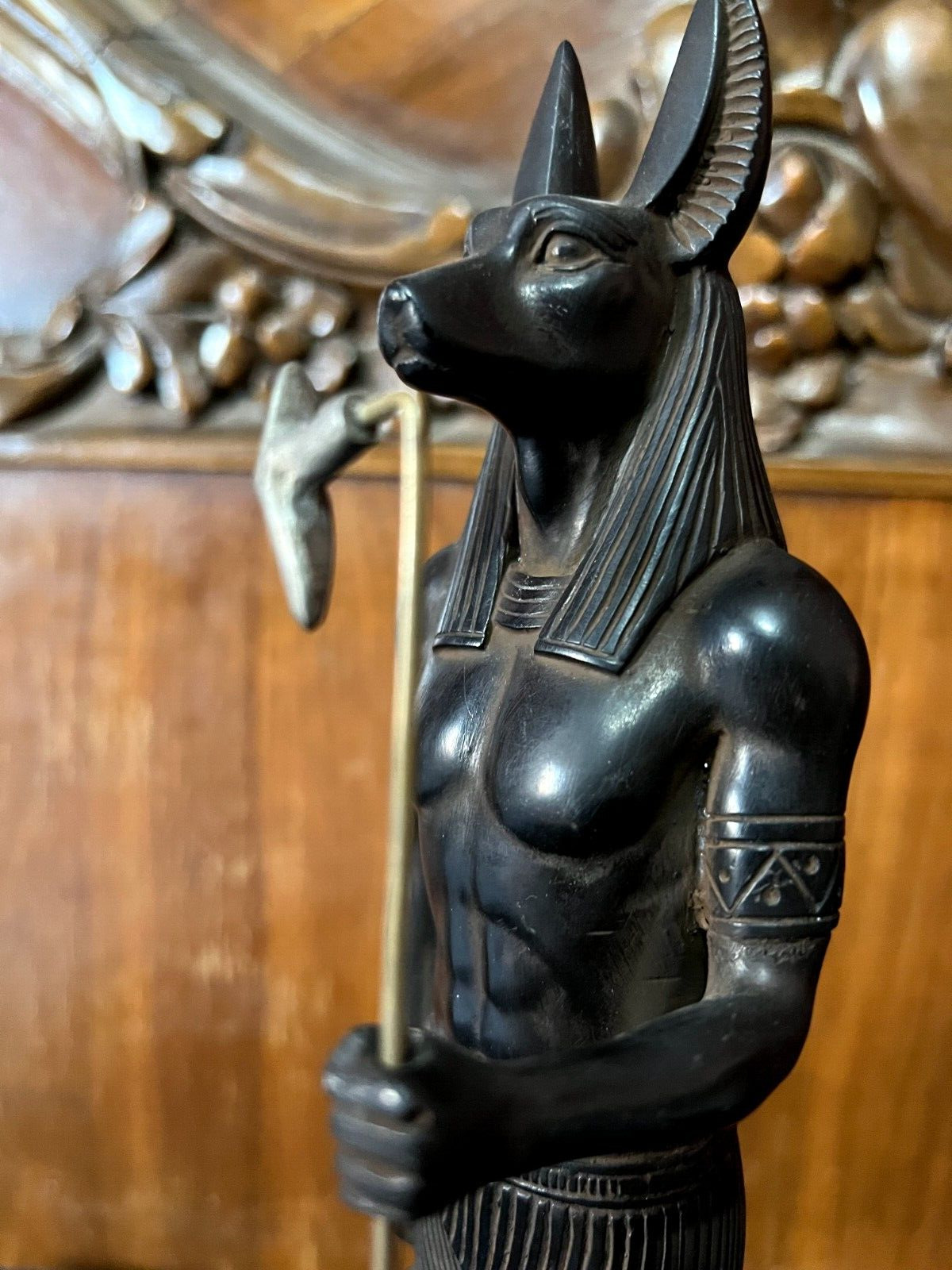 God Anubis Statue Standing with stick to protect the dead from Egyptian Stone