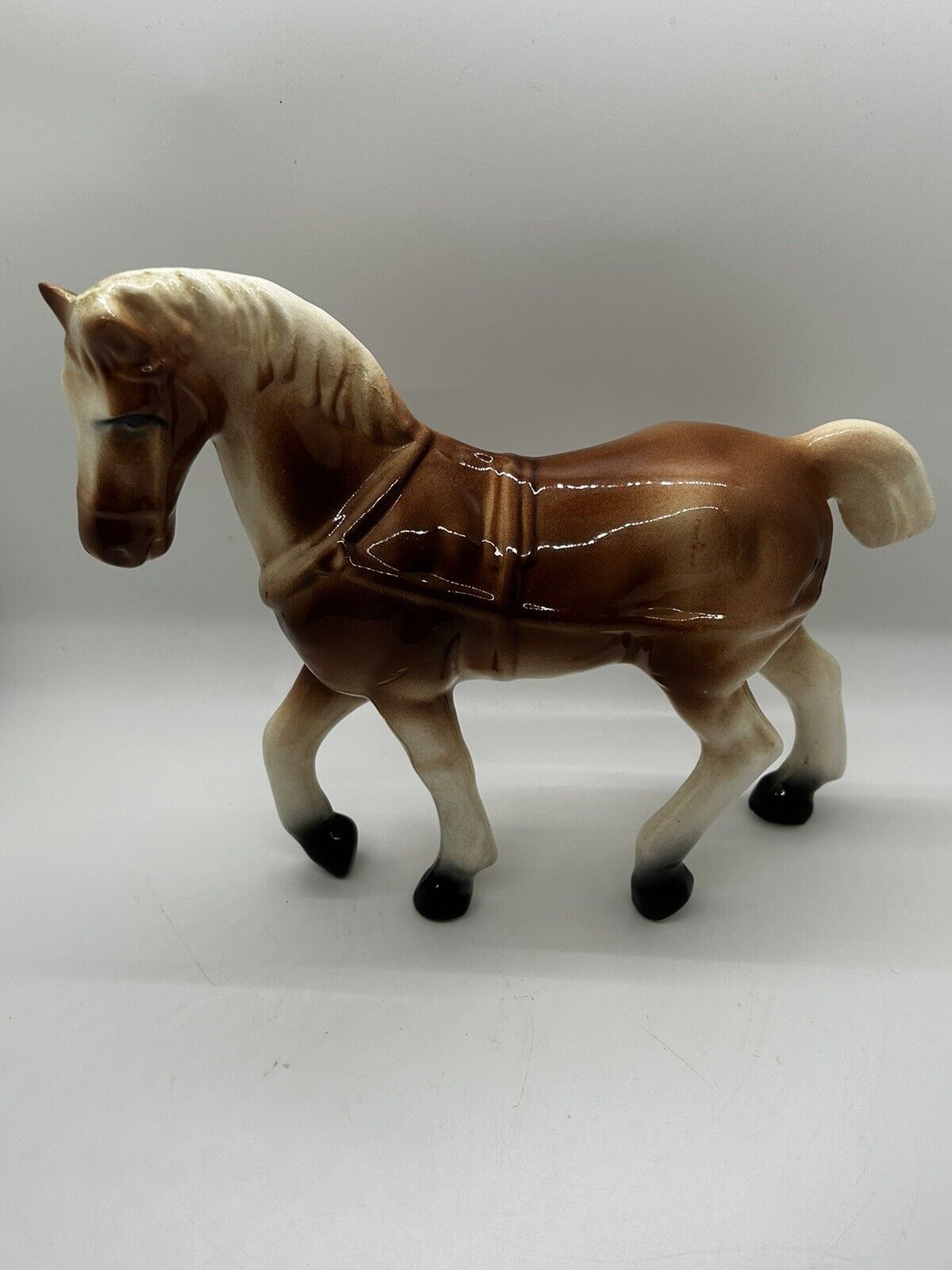 7.5” Antique 1940s Ceramic Plow Horse Figurine Brown/White With Harness