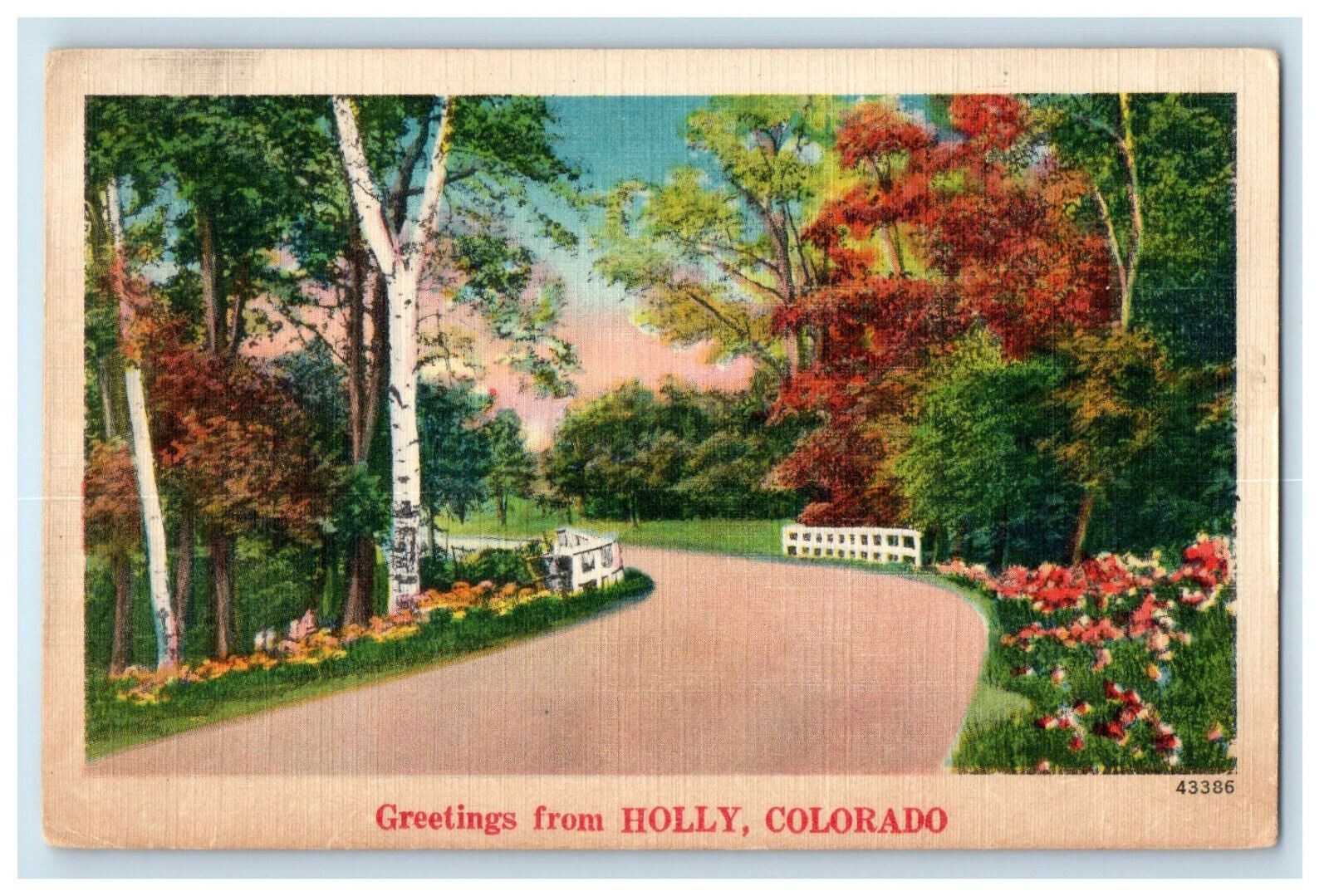 c1940s Road and Trees View, Greetings from Holly Colorado CO Postcard