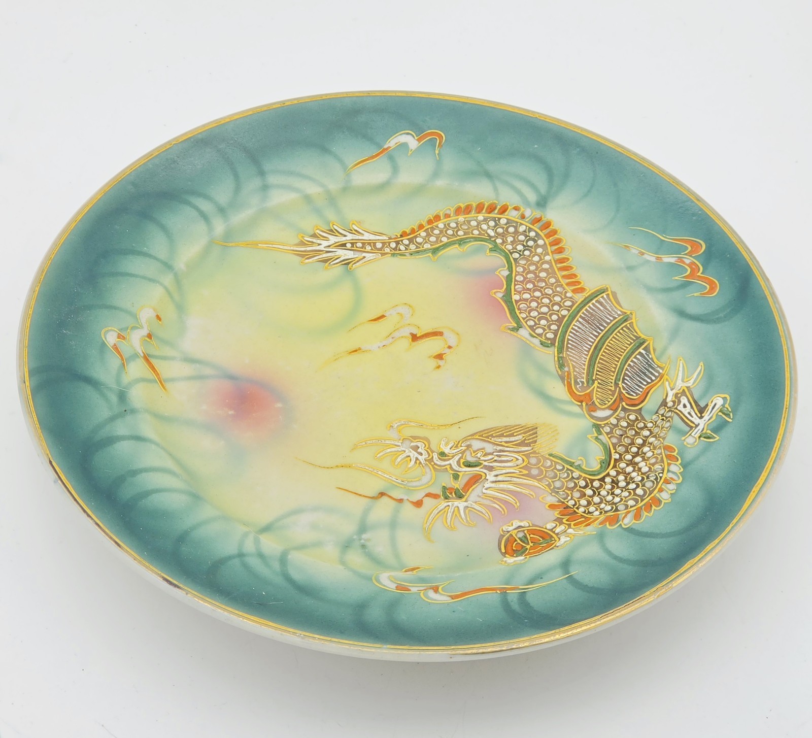 Vintage Japanese Dragonware Moriage Plate Turquoise Gold Raised Dragon 7.5
