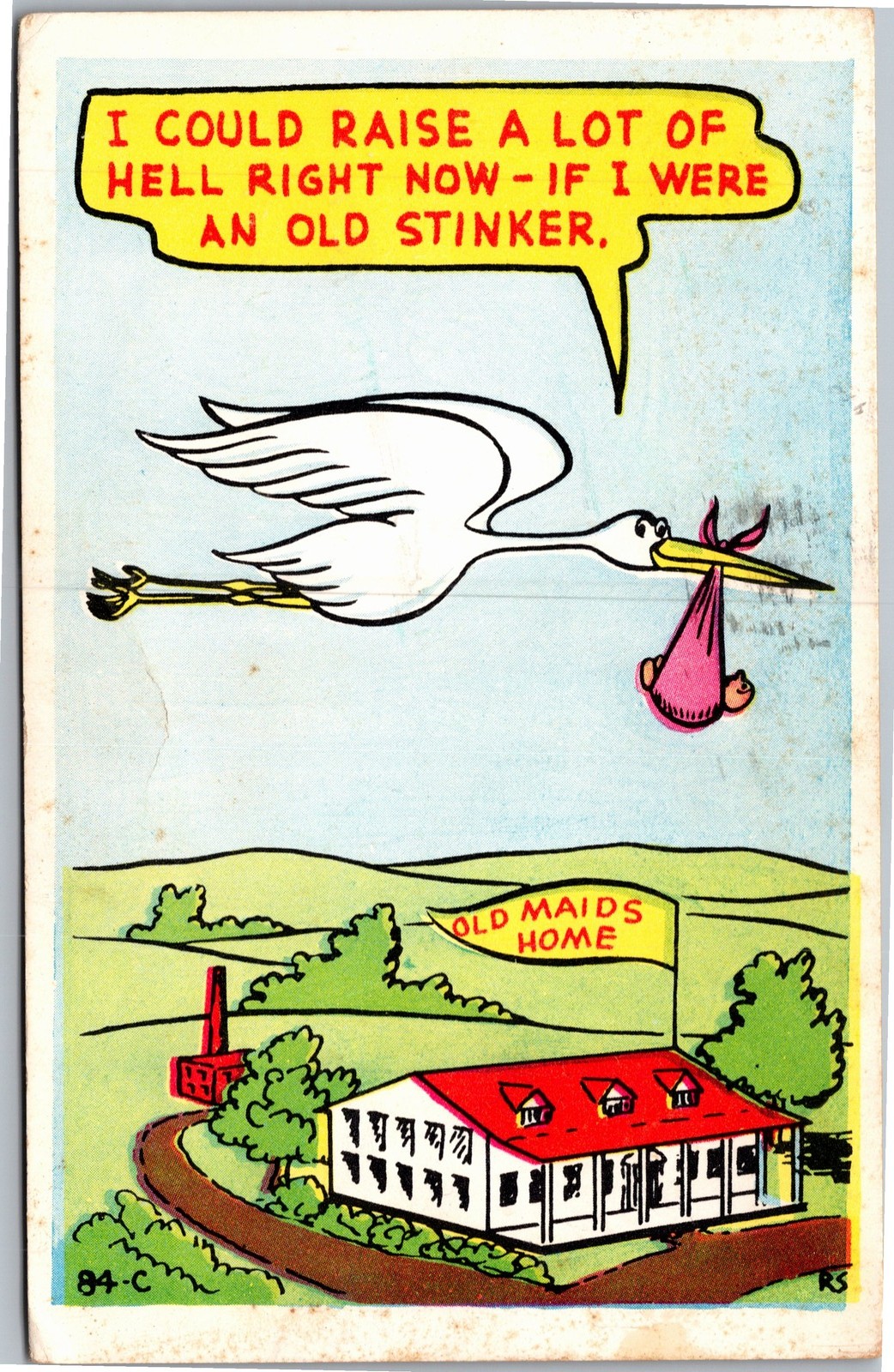 Postcard comic stork flying over old maids home Could raise a lot of hell