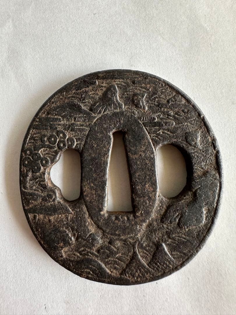 Japanese Iron Tsuba Landscape Relief Round Antique Sword Fitting