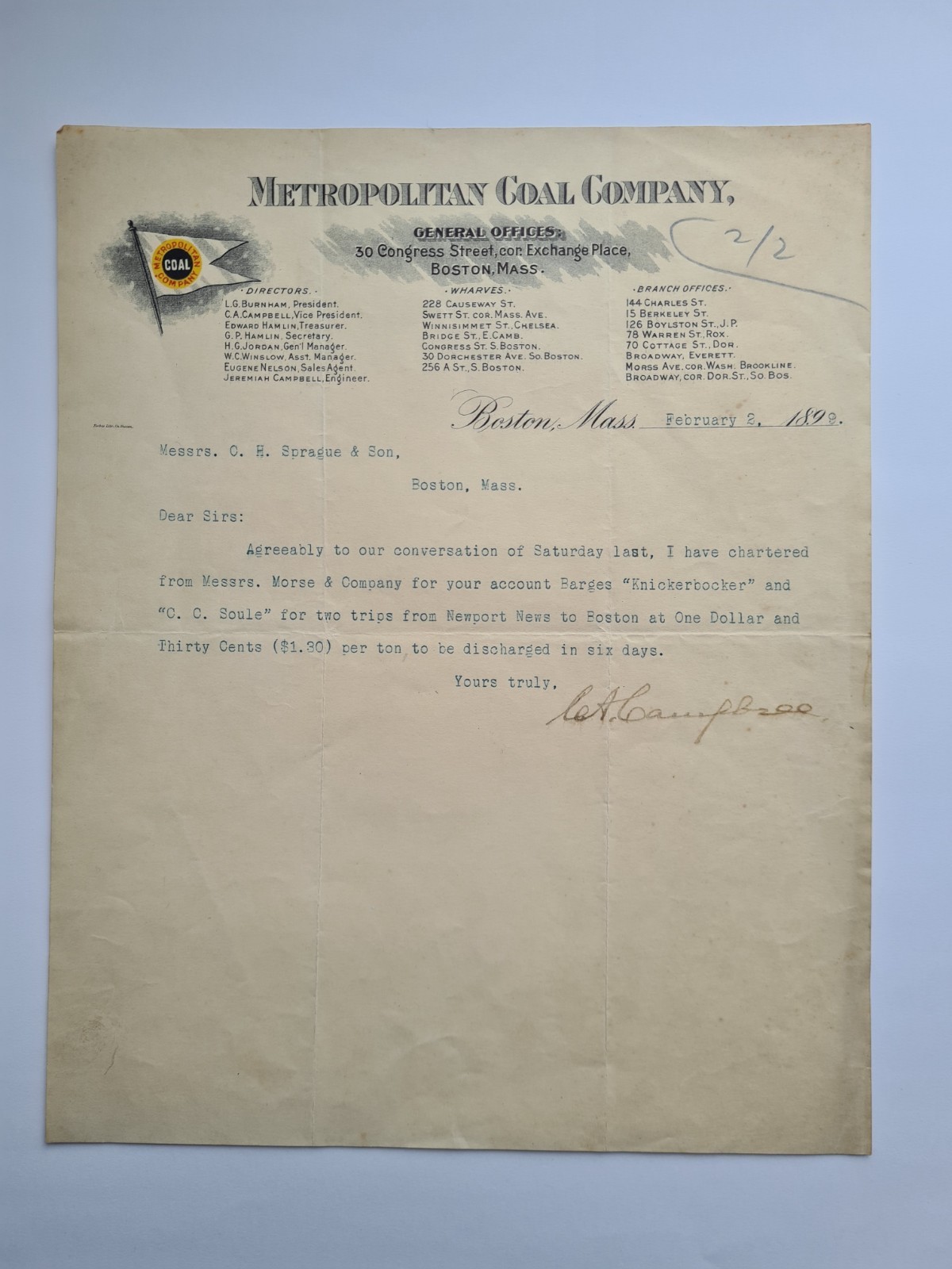 1899 Metropolitan Coal Company Letter – Boston Industrial Shipping Contract