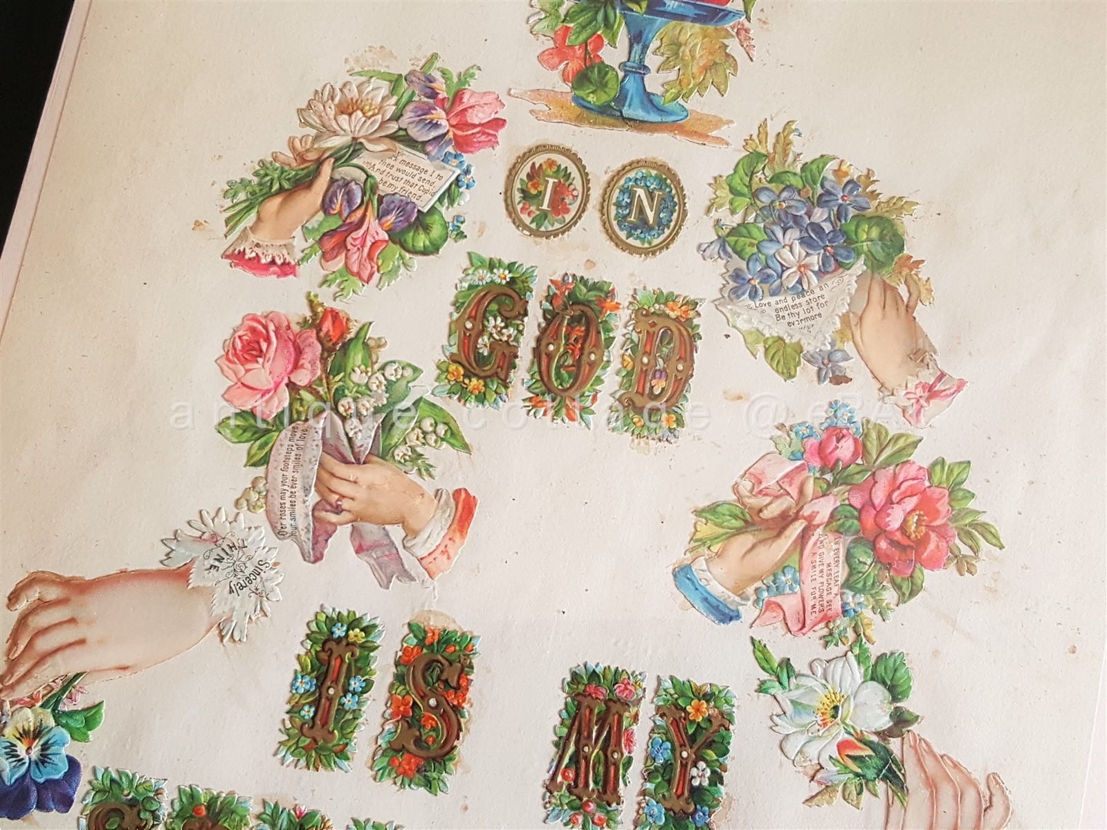 1800s antique DIE CUT ALPHABET HANDS handmade ART IN GOD IS SALVATION scrapbook