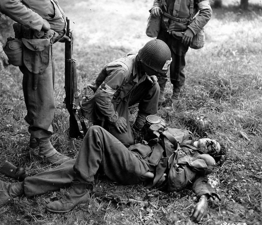 B&W WW2 Photo WWII Wounded German Solider US Medic World War Two US Army France