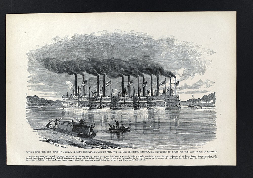 Leslie Civil War Print Negley\'s Pennsylvania Brigade Steamboats on Ohio River